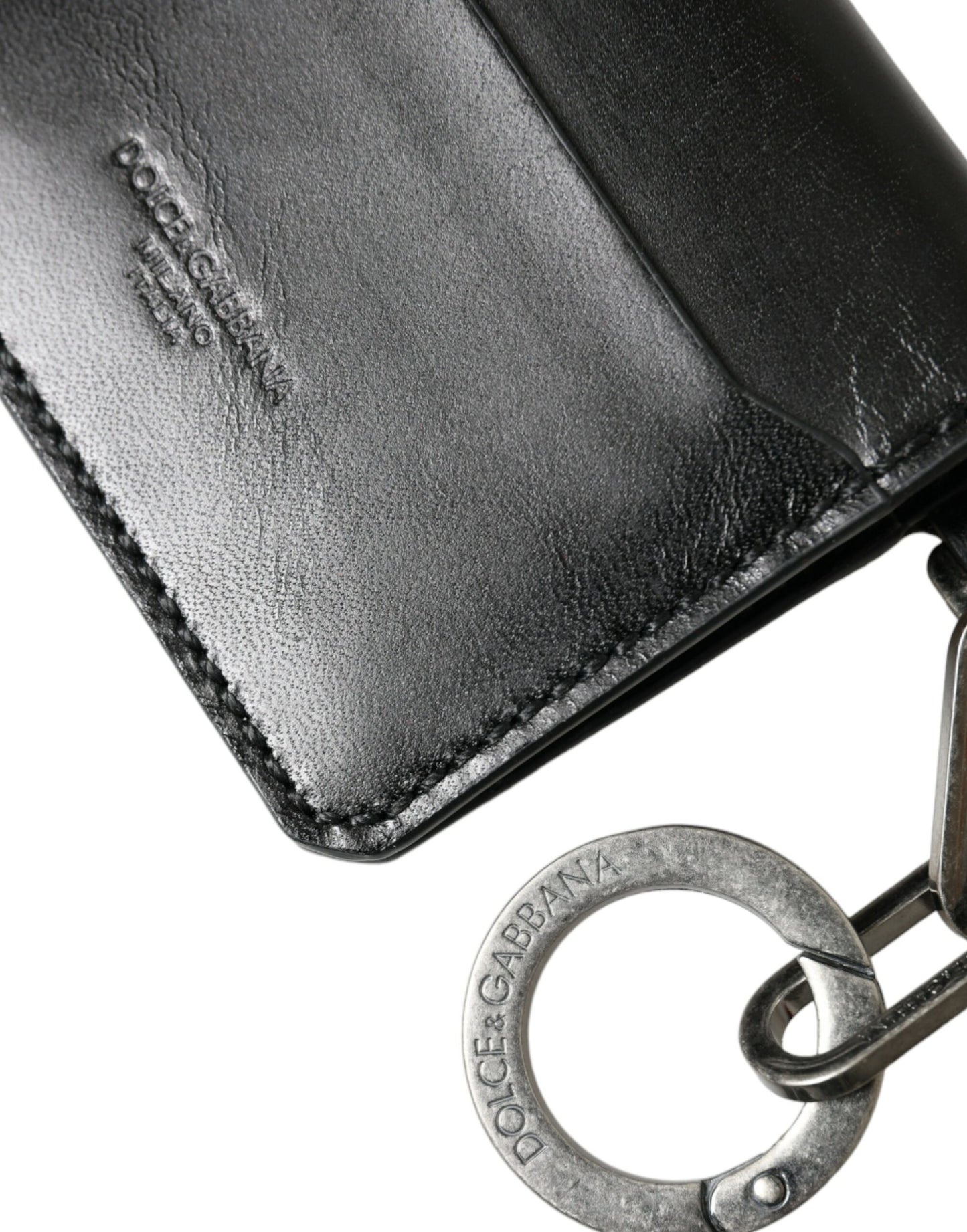 Dolce &amp; Gabbana Black Leather Bifold Logo Card Holder Key Chain Wallet