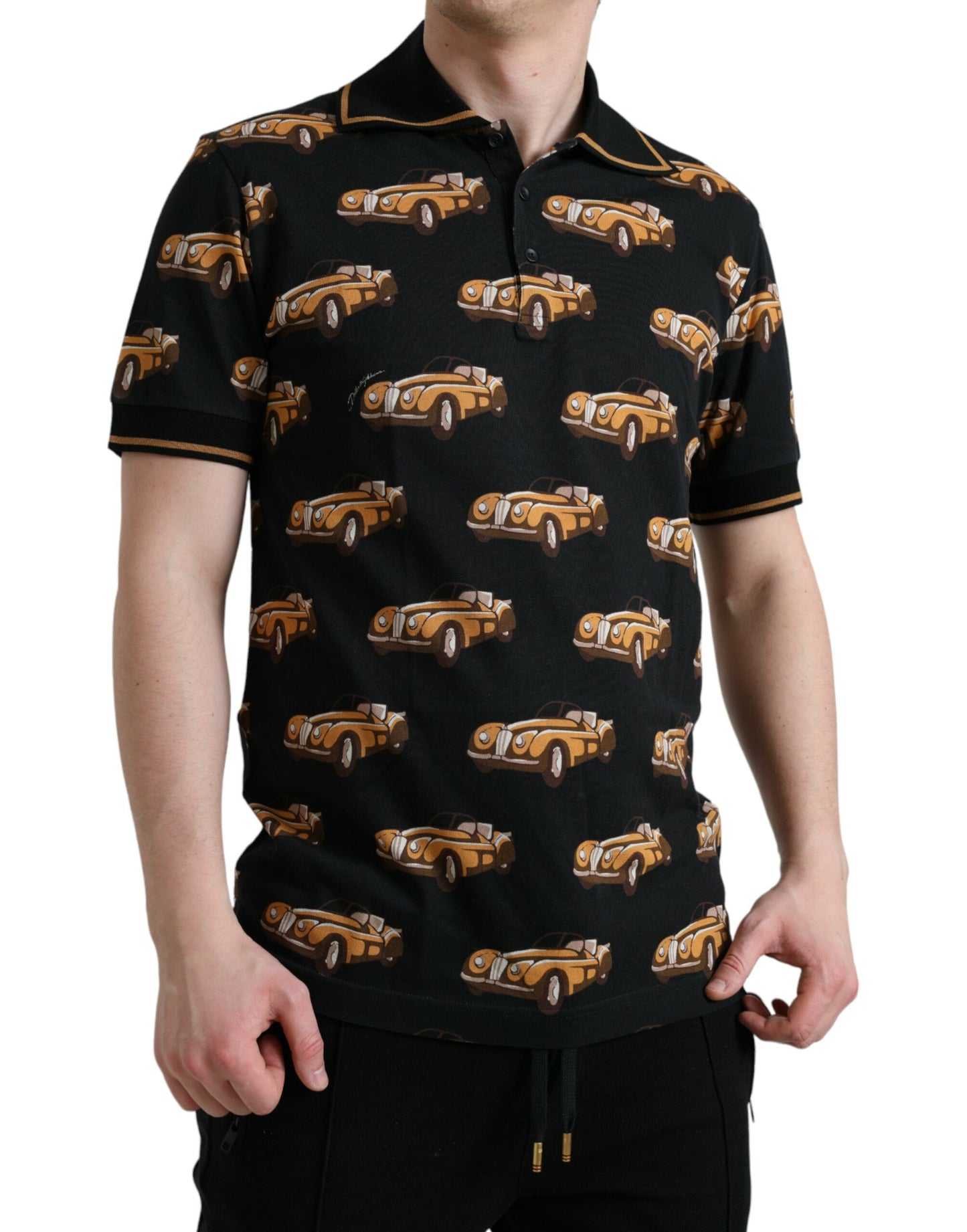 Dolce &amp; Gabbana Black Short Sleeve Polo T-Shirt with Car Print