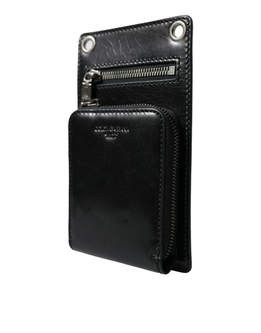 Dolce &amp; Gabbana Black Calfskin Zip Logo Shoulder-Neck Strap Wallet