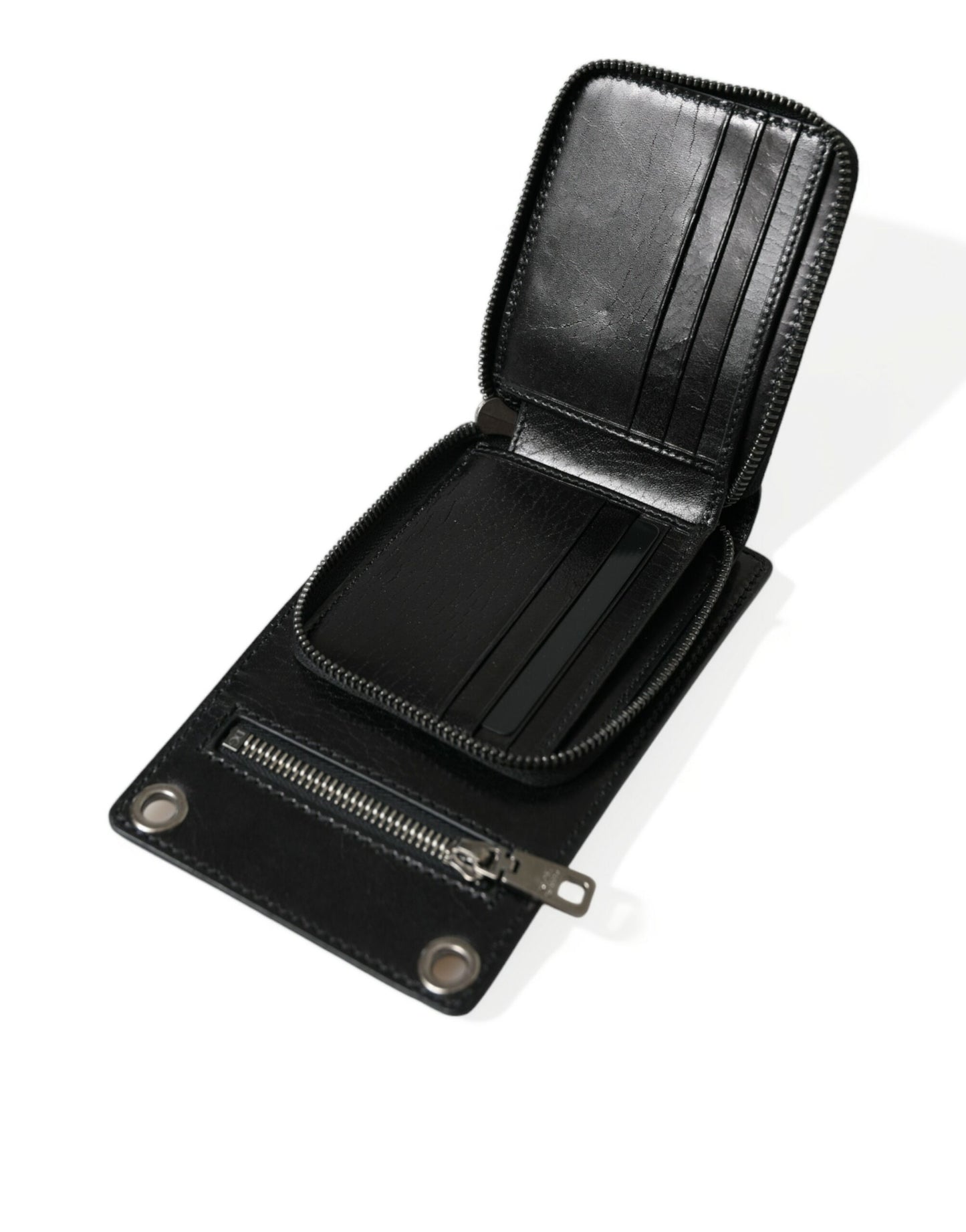 Dolce &amp; Gabbana Black Calfskin Zip Logo Shoulder-Neck Strap Wallet