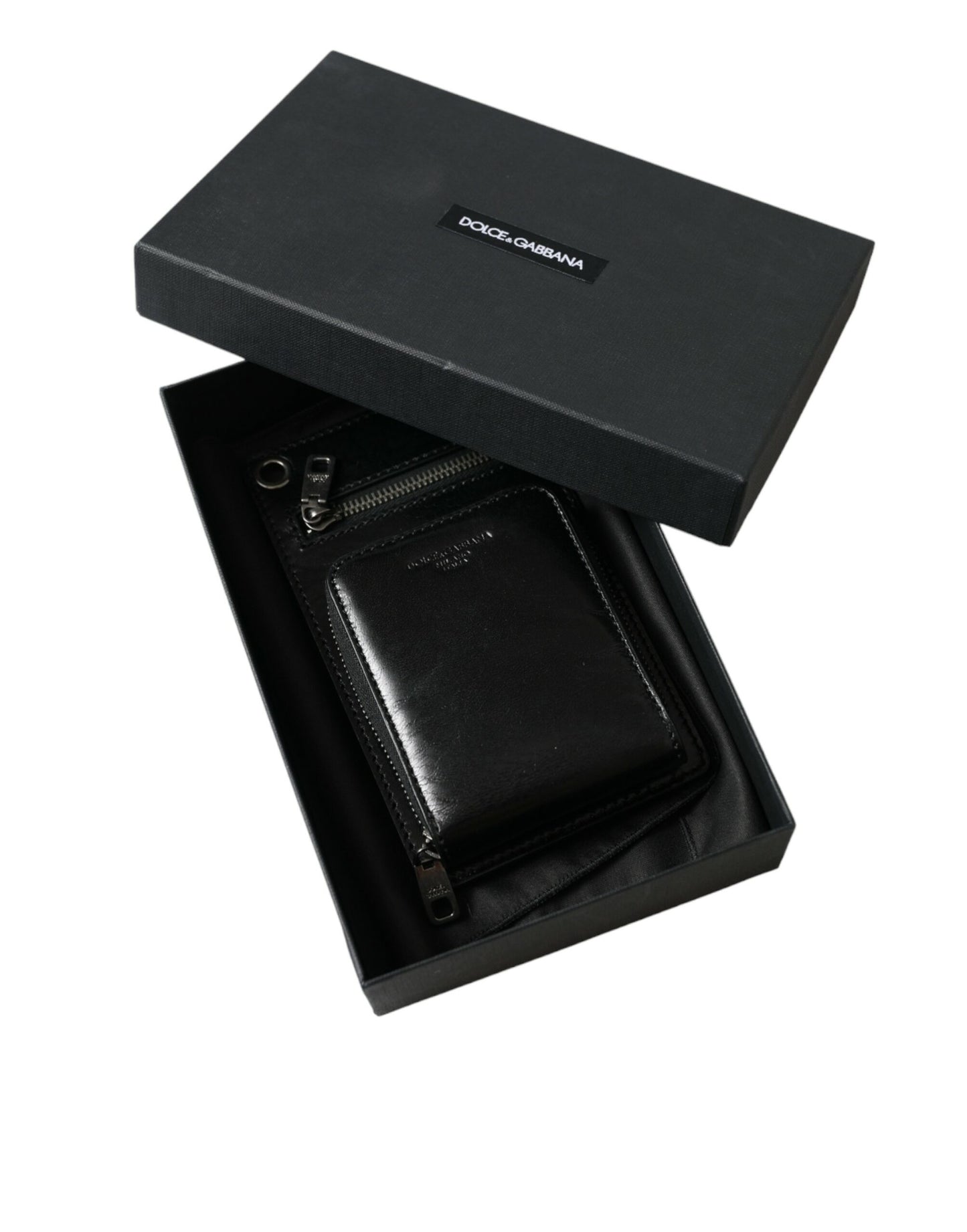 Dolce &amp; Gabbana Black Calfskin Zip Logo Shoulder-Neck Strap Wallet