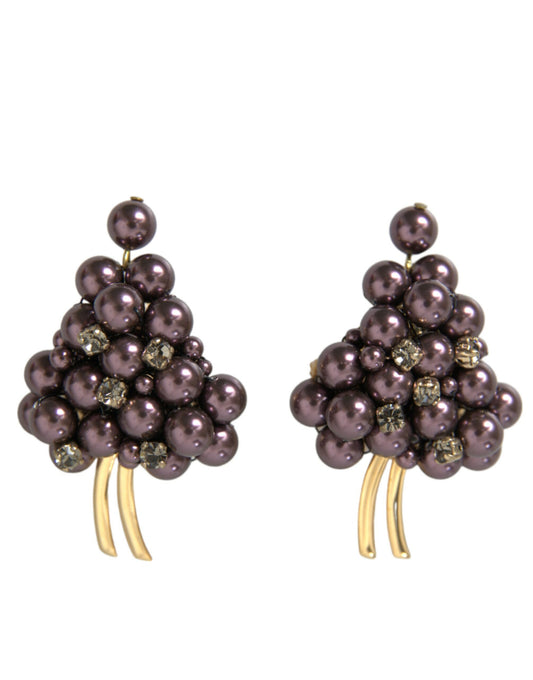 Dolce &amp; Gabbana Purple Grape Pearl Sicily Gold Brass Floral Clip On Earrings