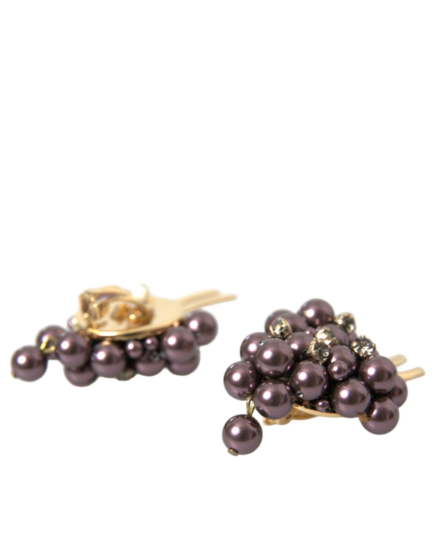 Dolce &amp; Gabbana Purple Grape Pearl Sicily Gold Brass Floral Clip On Earrings