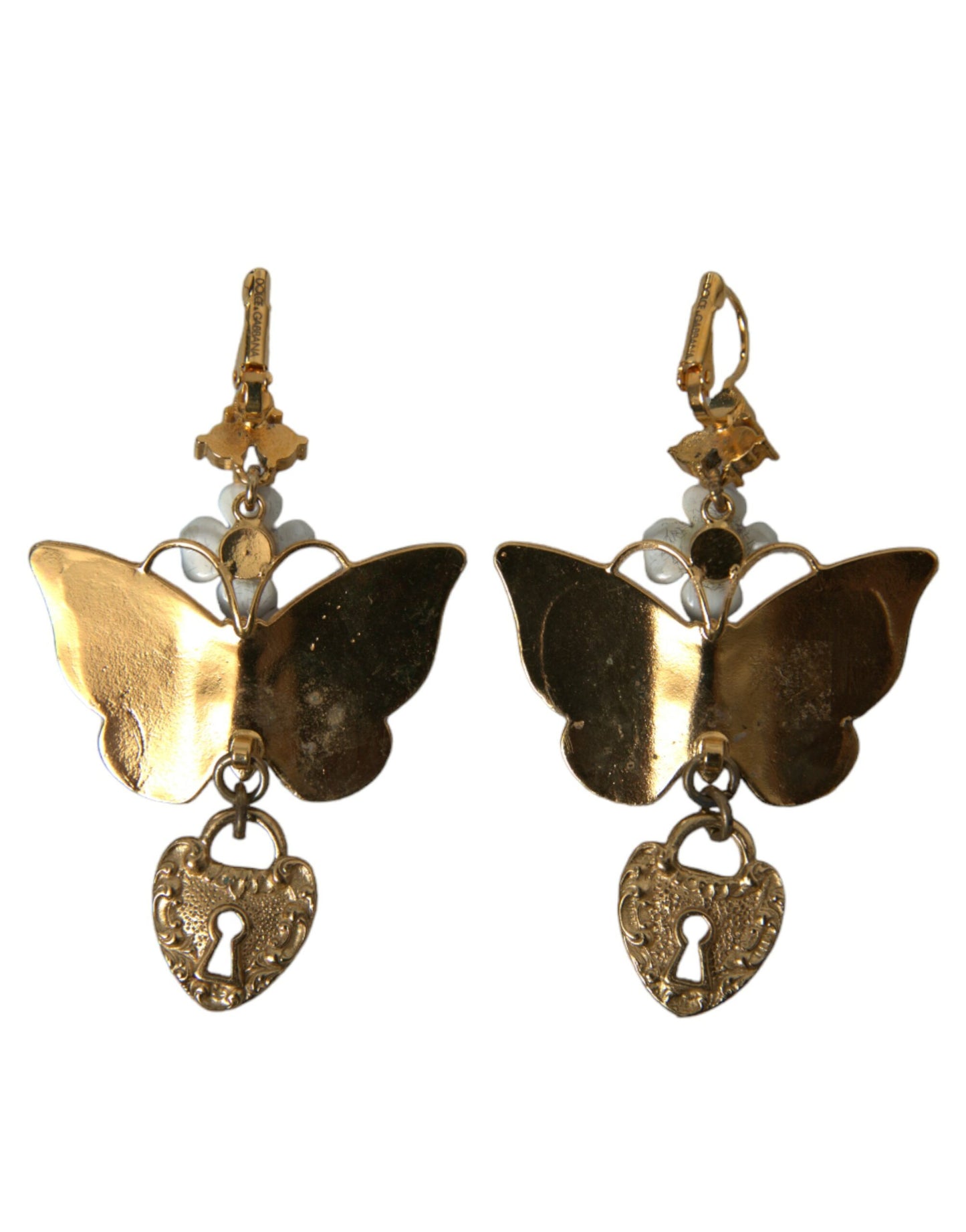 Dolce &amp; Gabbana gold purple crystal butterfly heart locket earrings