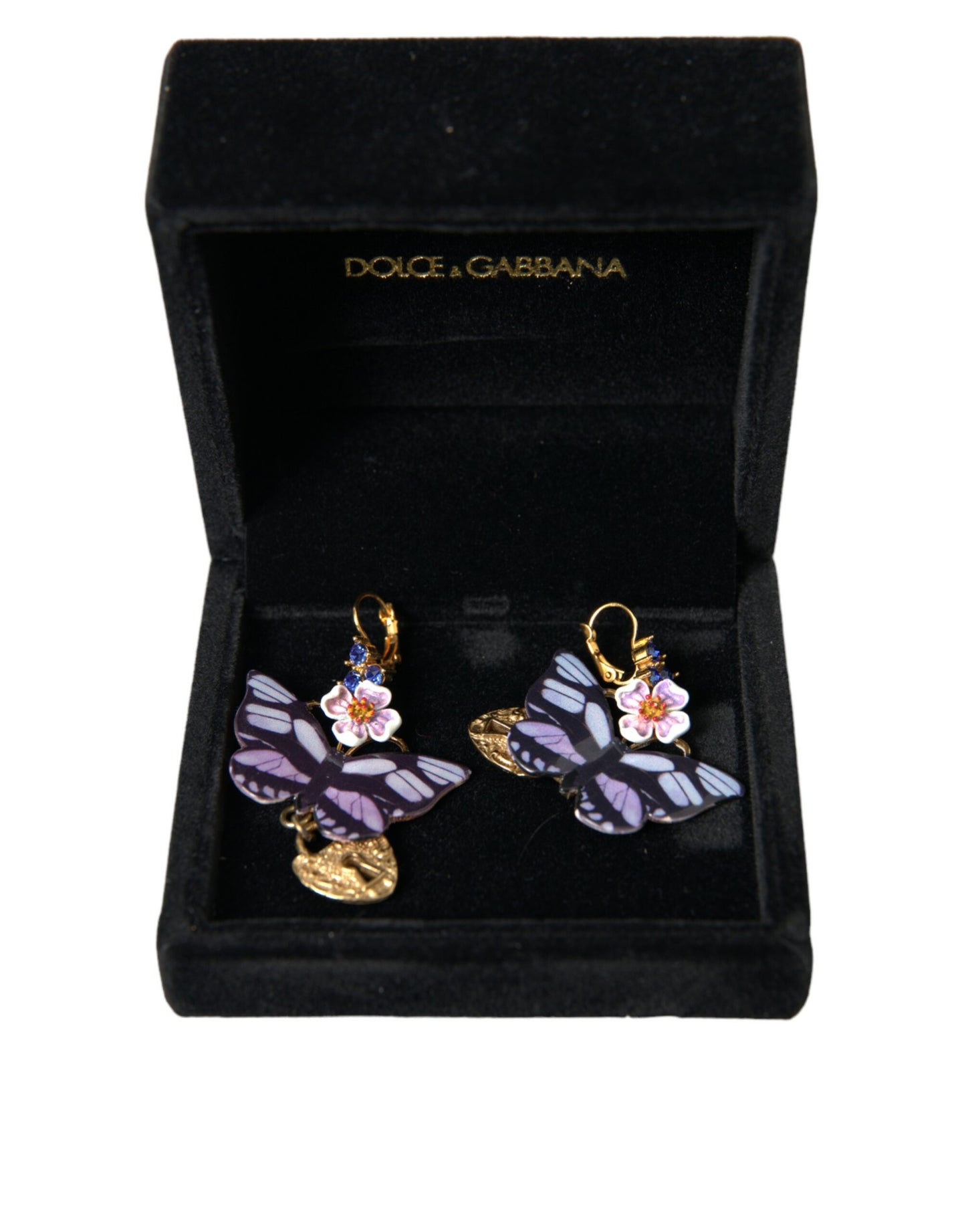 Dolce &amp; Gabbana gold purple crystal butterfly heart locket earrings