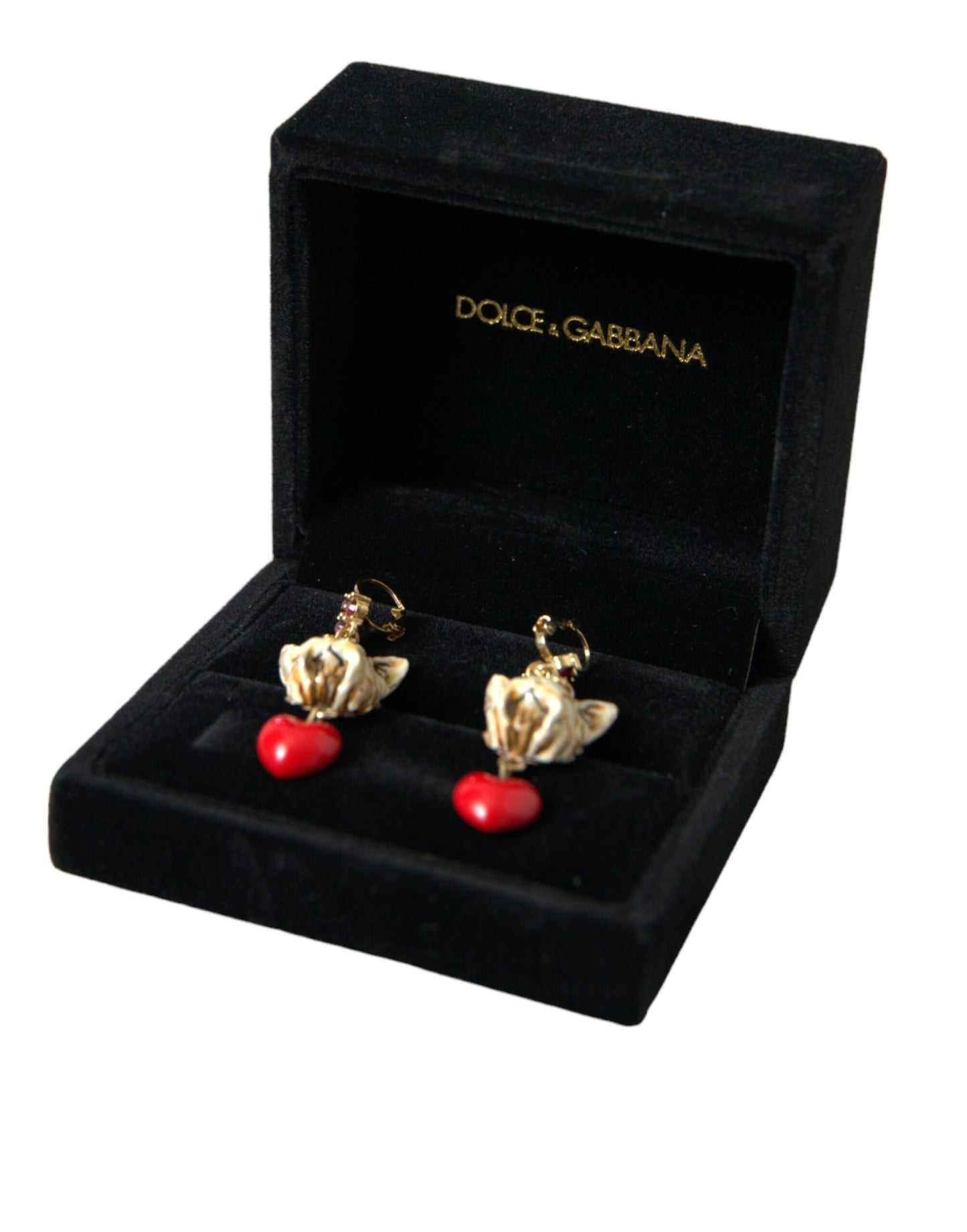 Dolce &amp; Gabbana Gold Brass Heart Dog Red Crystal Dangling Earrings