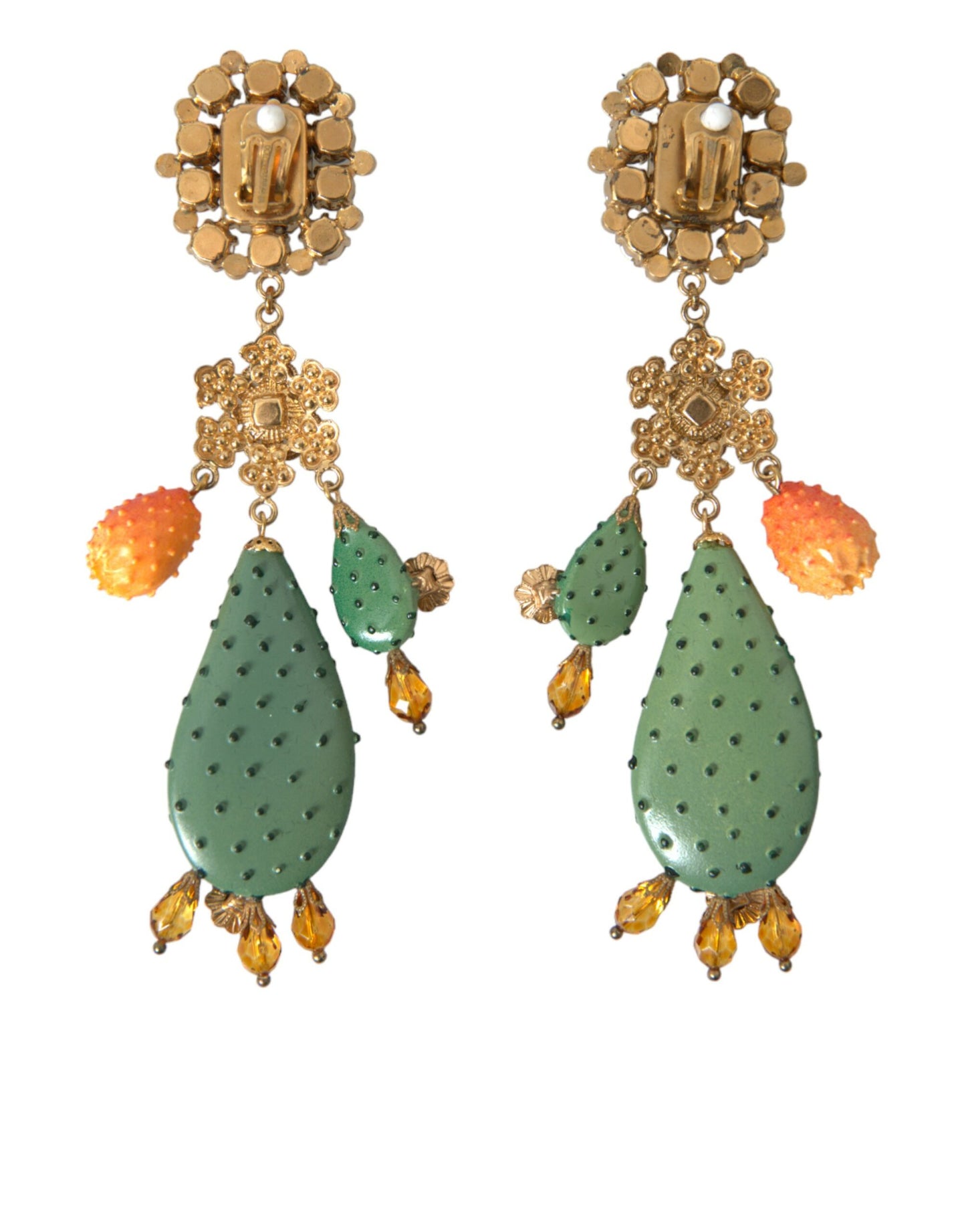 Dolce &amp; Gabbana Green Cactus Crystal Clip on Jewelry Dangling Earrings