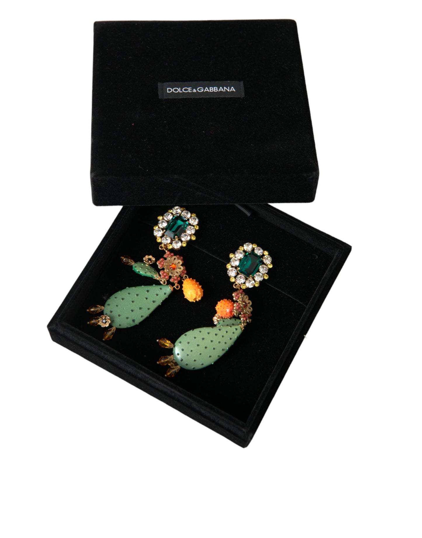 Dolce &amp; Gabbana Green Cactus Crystal Clip on Jewelry Dangling Earrings