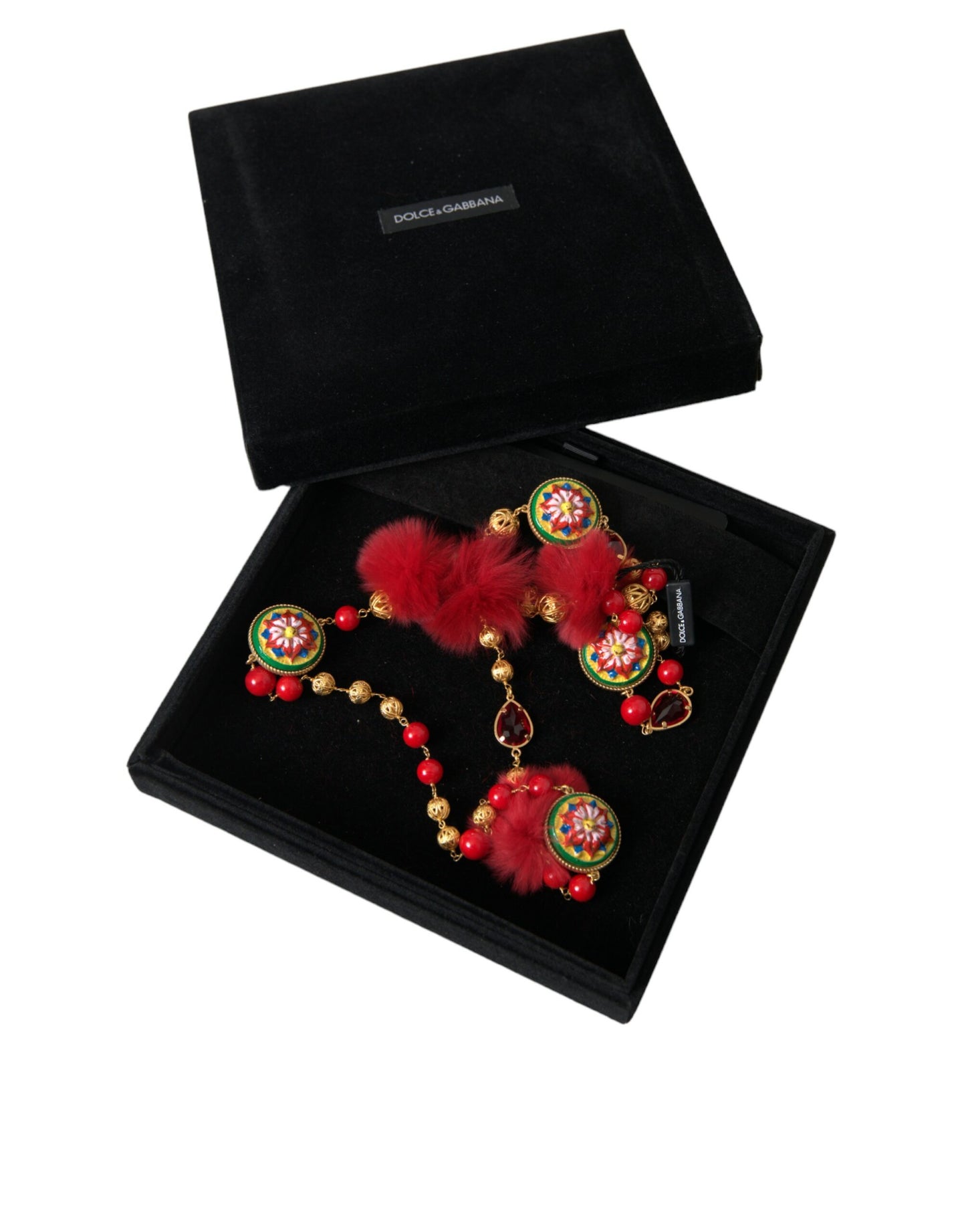 Dolce &amp; Gabbana Gold Brass Red Fur Crystal Carretto Chain Necklace