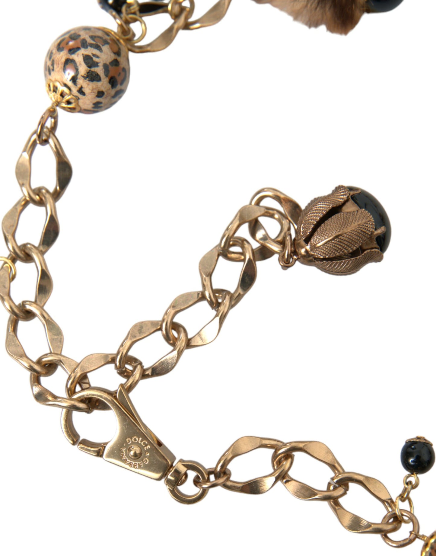 Dolce &amp; Gabbana Gold Brass Leopard Fur Pearl Necklace Chain Belt