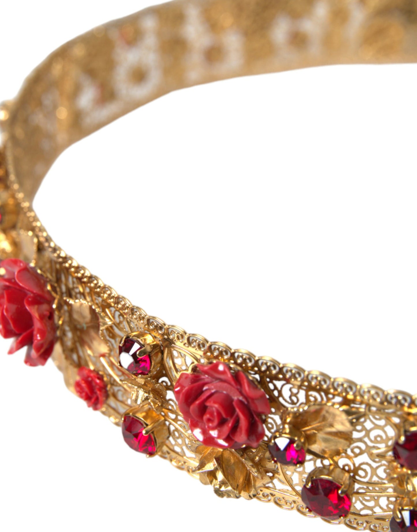 Dolce &amp; Gabbana Gold Brass Red Roses Crystal Jewel Waist Belt