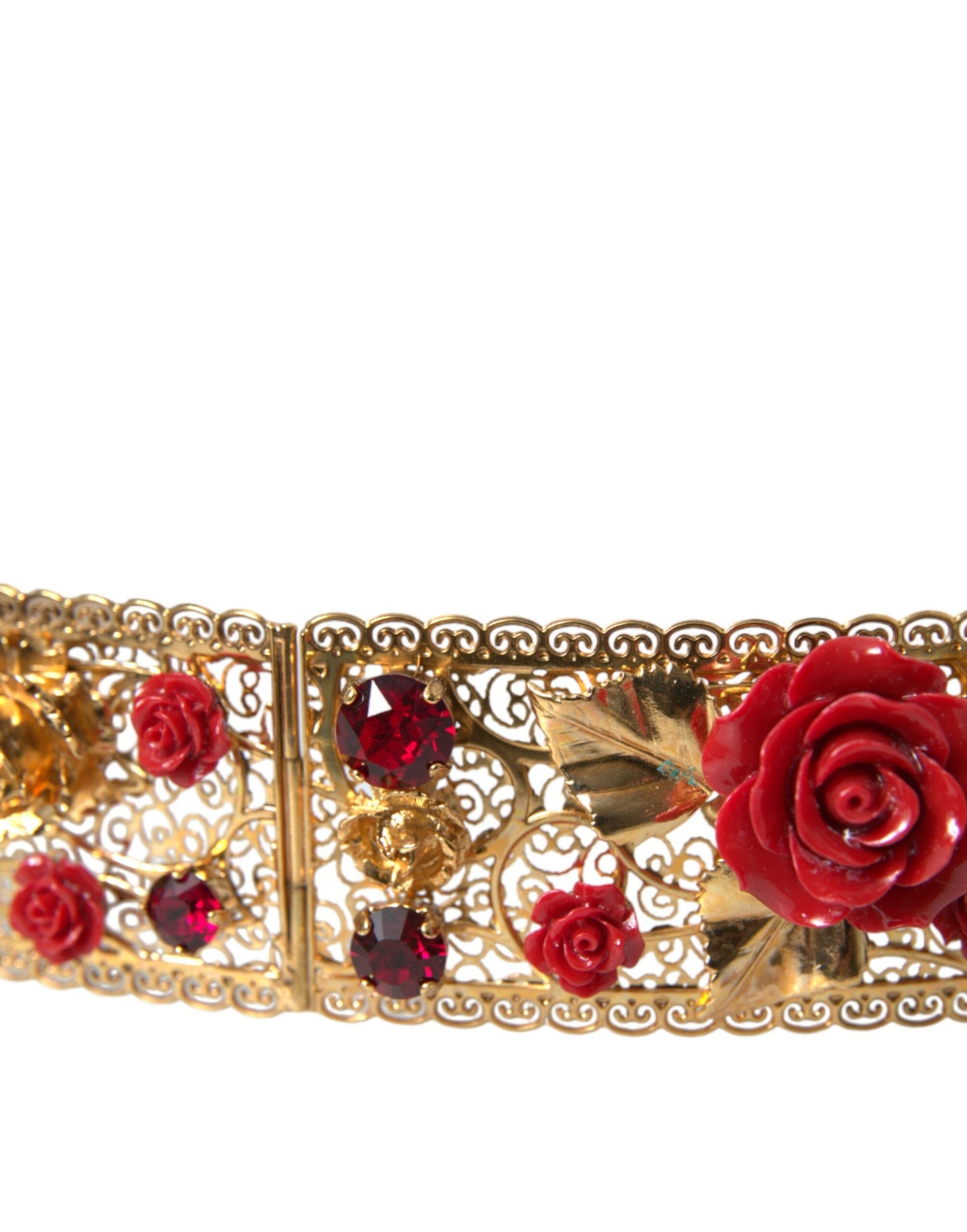 Dolce &amp; Gabbana Gold Brass Red Roses Crystal Jewel Waist Belt