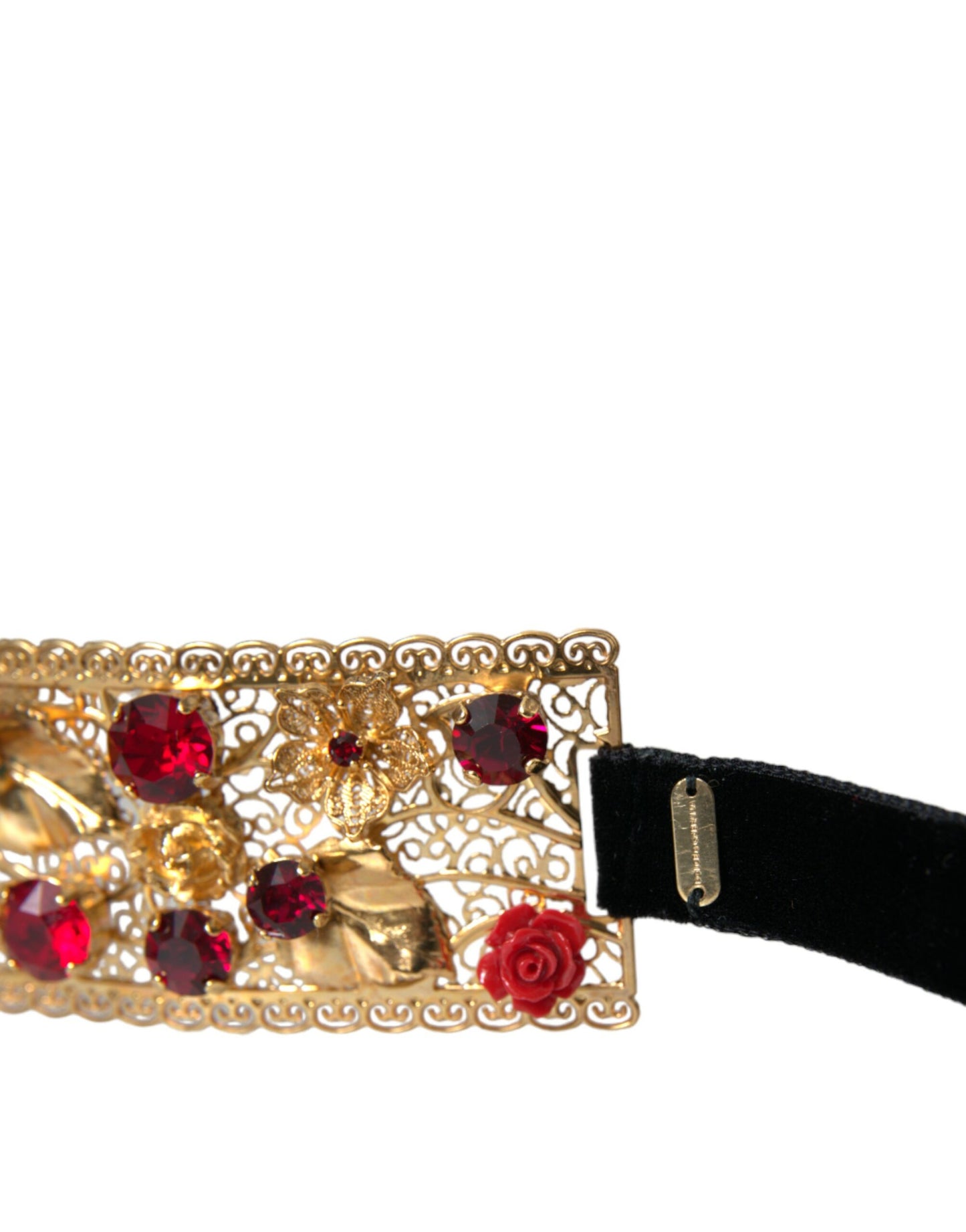 Dolce &amp; Gabbana Gold Brass Red Roses Crystal Jewel Waist Belt