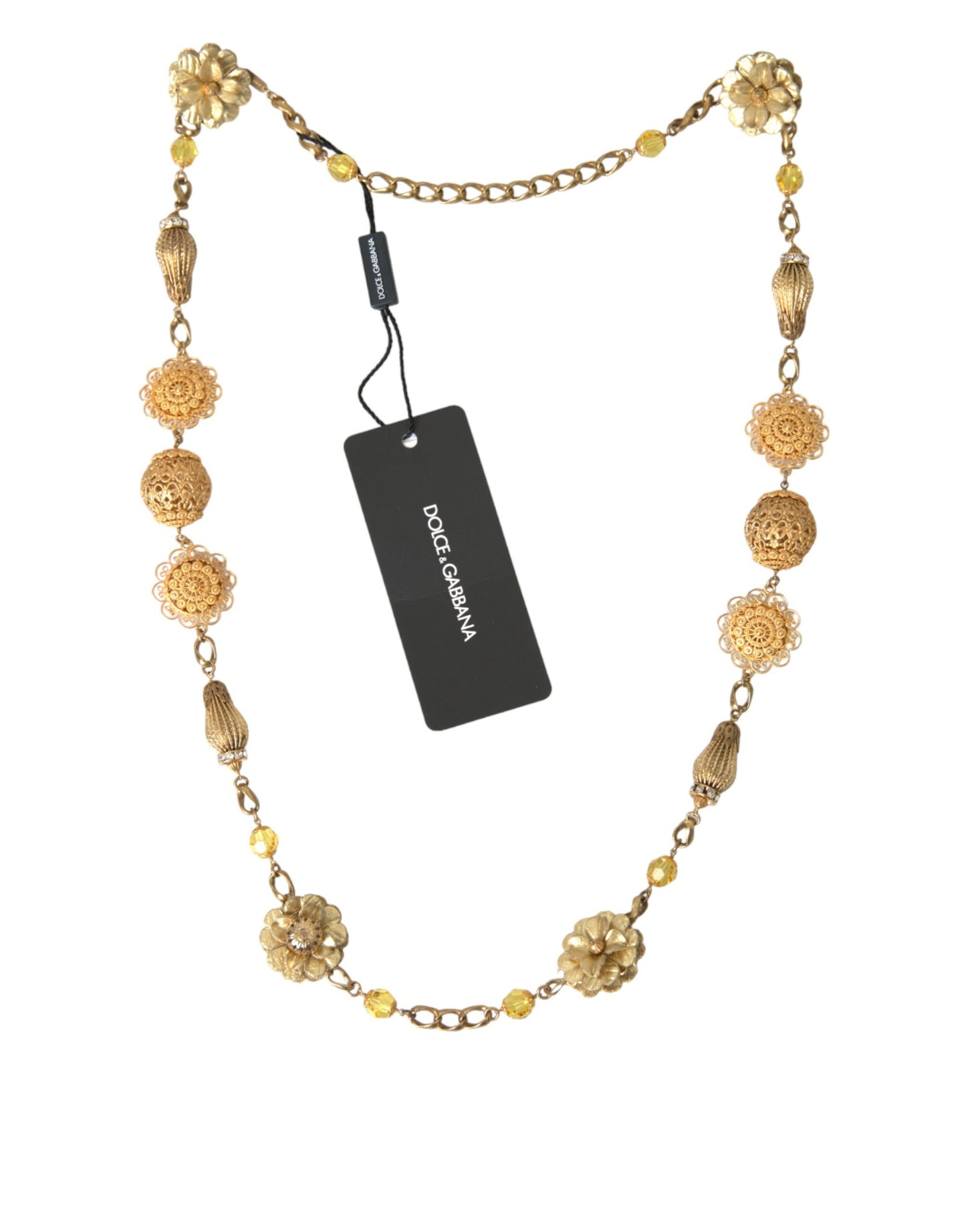 Dolce &amp; Gabbana Crystal Flower Filigree Gold Brass Statement Necklace