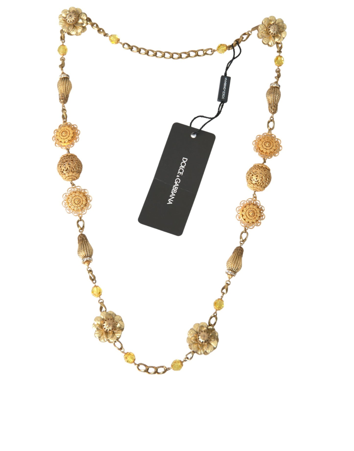 Dolce &amp; Gabbana Crystal Flower Filigree Gold Brass Statement Necklace