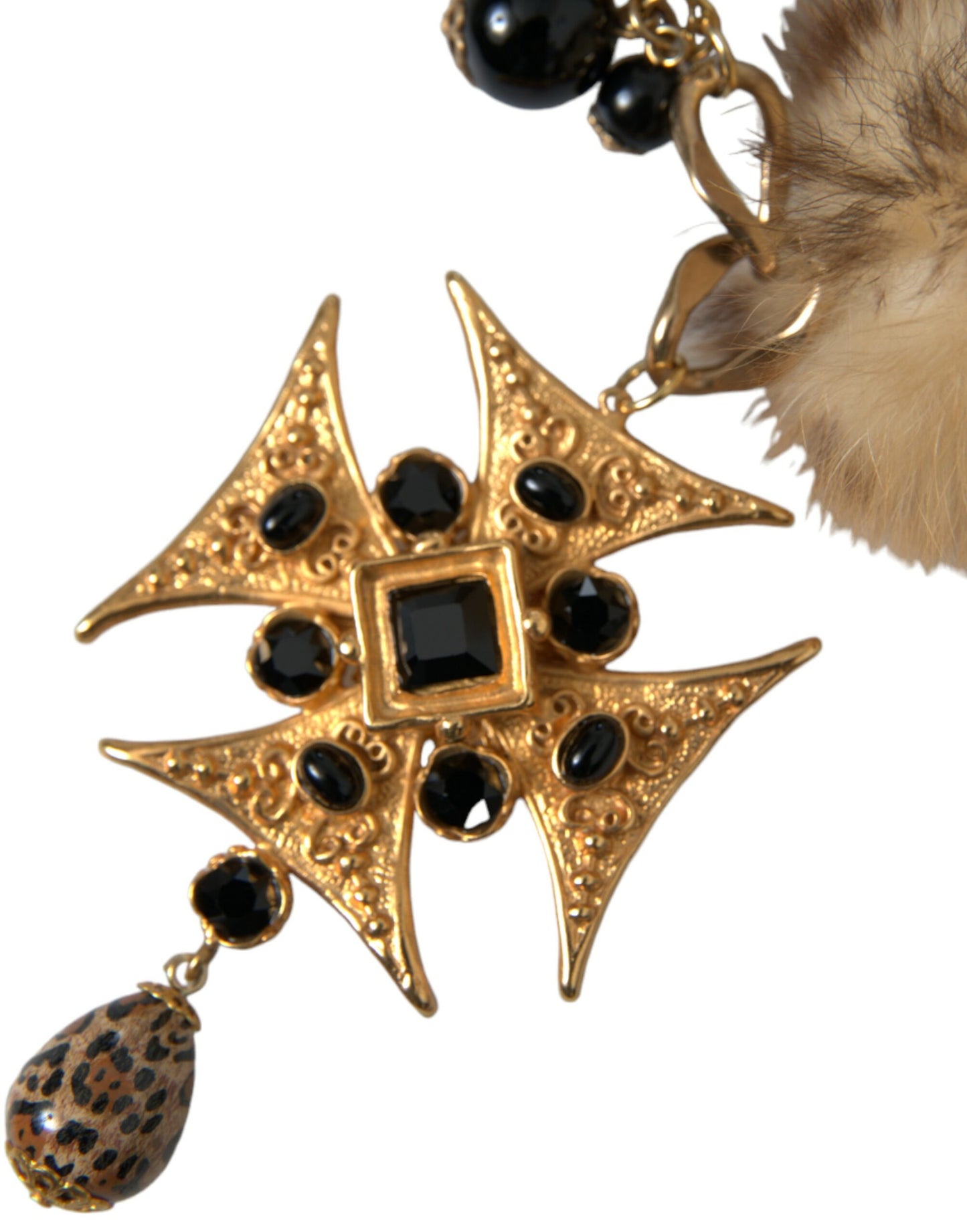 Dolce &amp; Gabbana Gold Black Crystals Lapin Fur Filigree Chocker Necklace