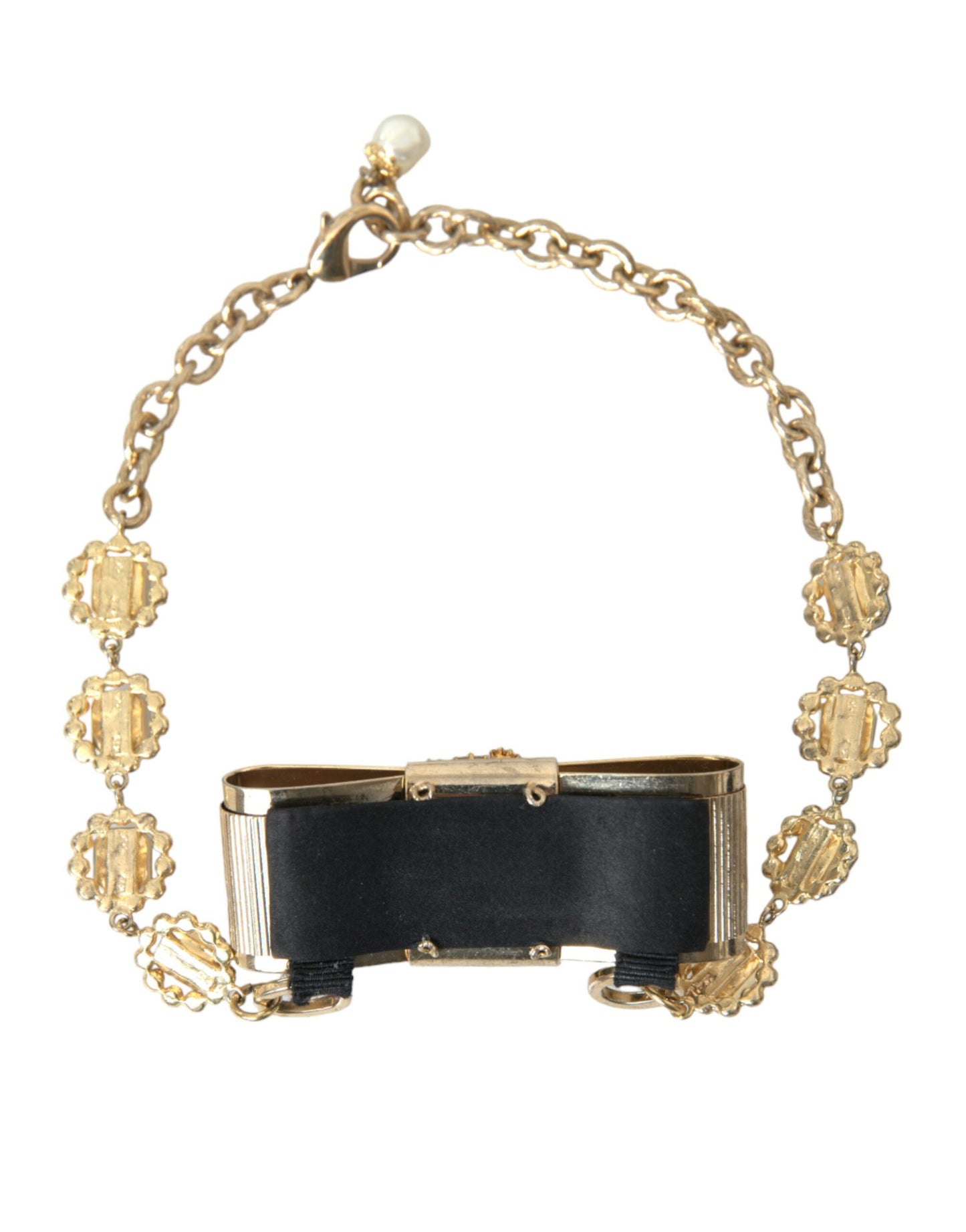 Dolce &amp; Gabbana Gold Brass Clear Crystal Bow Chain Choker Necklace