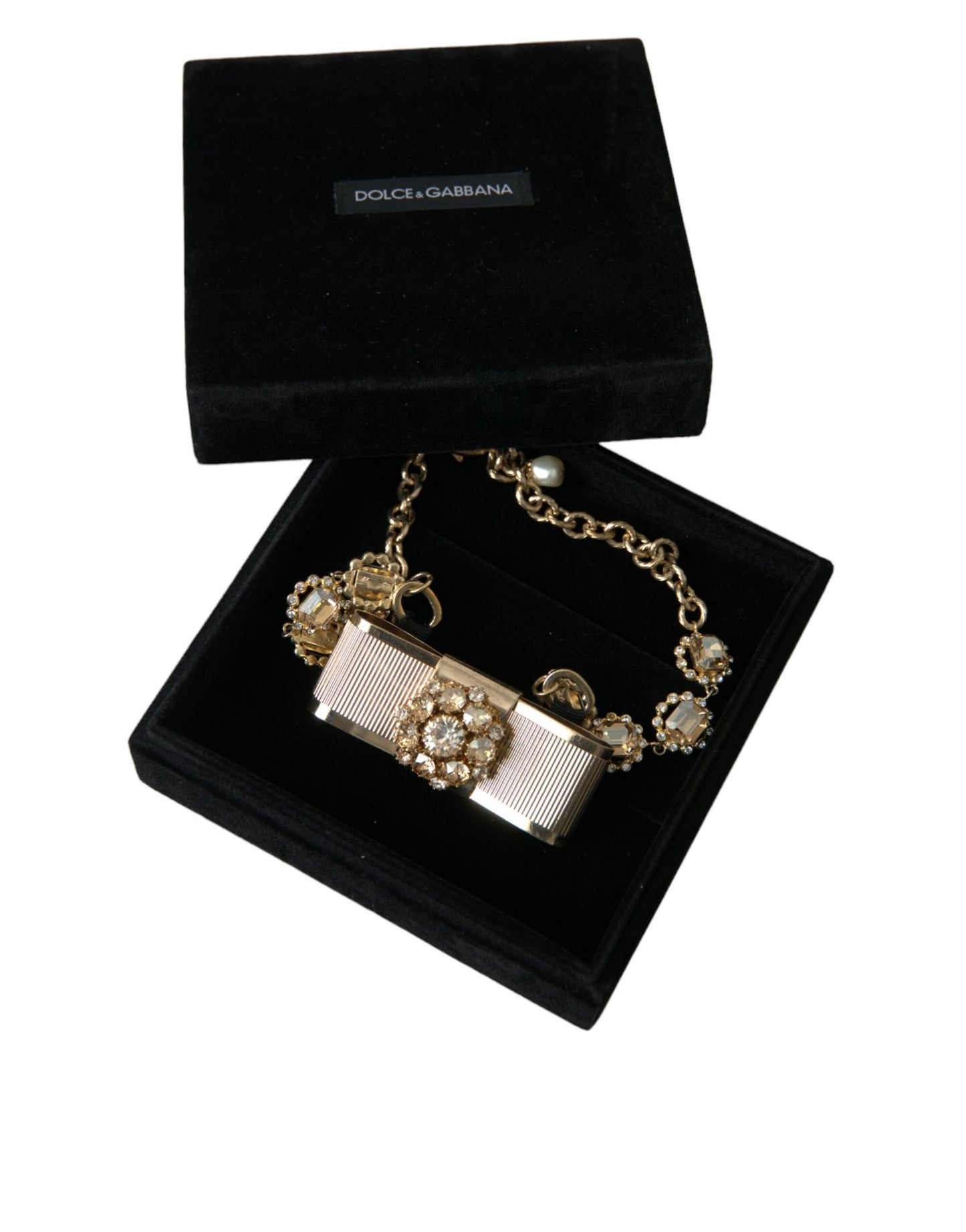 Dolce &amp; Gabbana Gold Brass Clear Crystal Bow Chain Choker Necklace