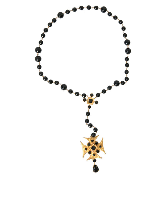 Dolce &amp; Gabbana Gold Tone Brass Cross Black Pearl Chain Rosary Necklace