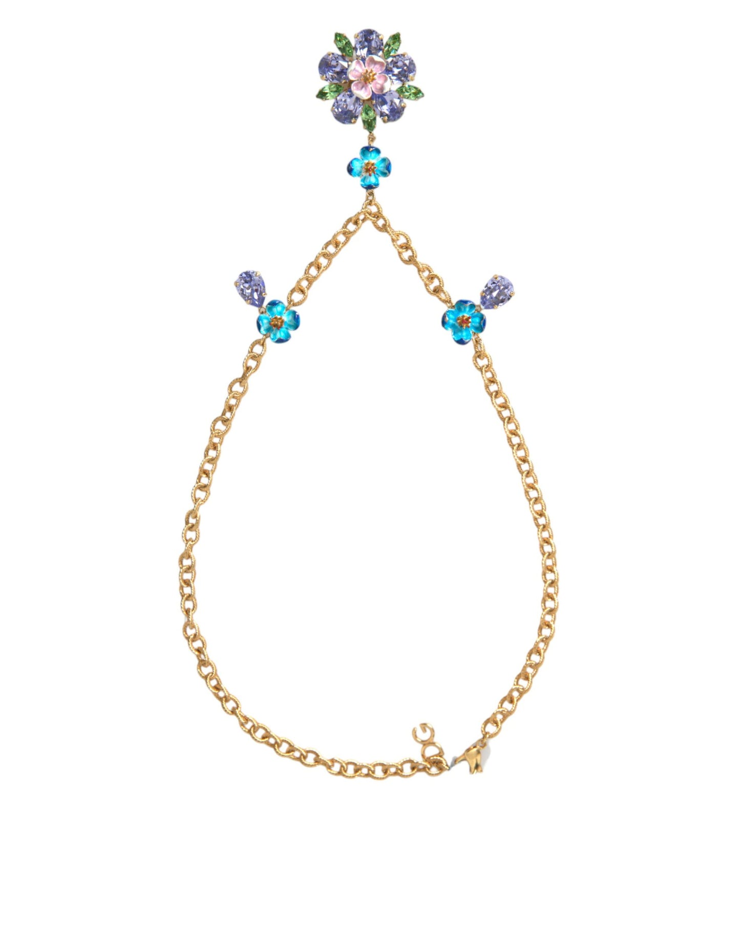 Dolce &amp; Gabbana Gold Brass Chain Crystal Floral Pendant Charm Necklace