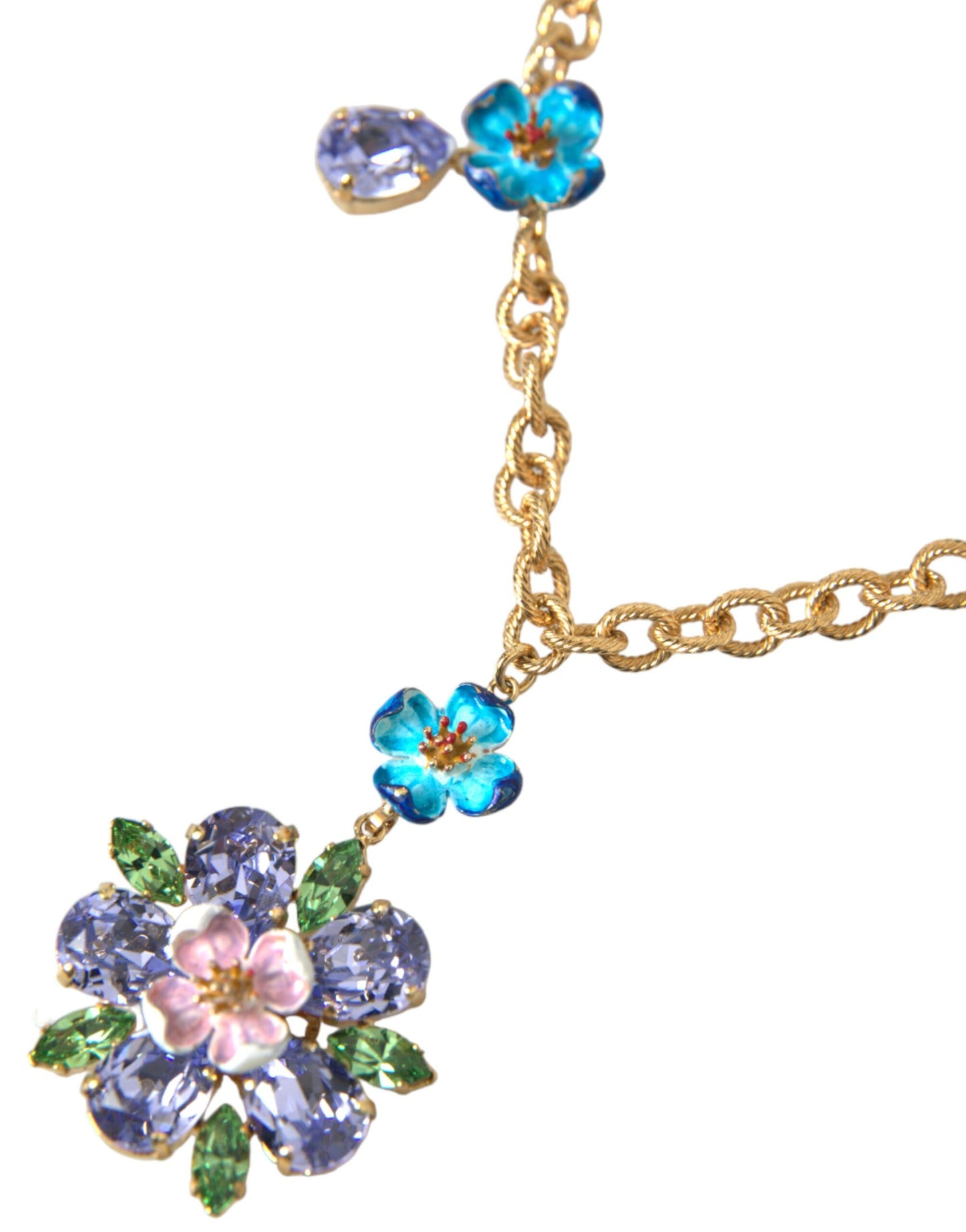 Dolce &amp; Gabbana Gold Brass Chain Crystal Floral Pendant Charm Necklace