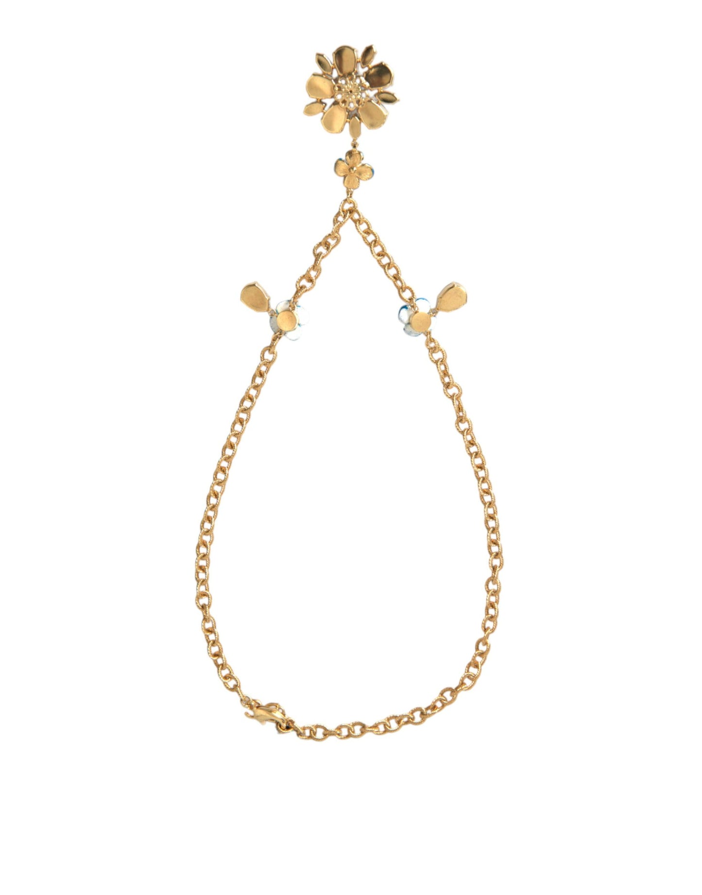 Dolce &amp; Gabbana Gold Brass Chain Crystal Floral Pendant Charm Necklace