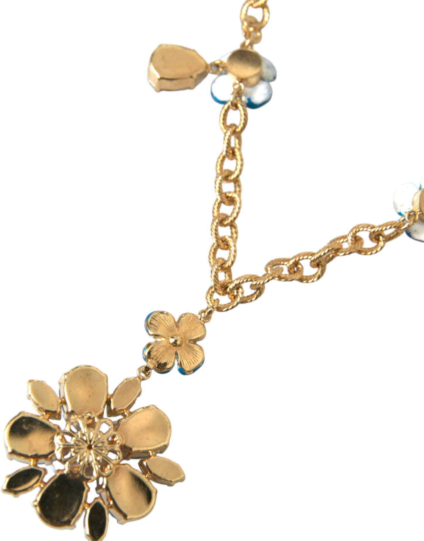 Dolce &amp; Gabbana Gold Brass Chain Crystal Floral Pendant Charm Necklace