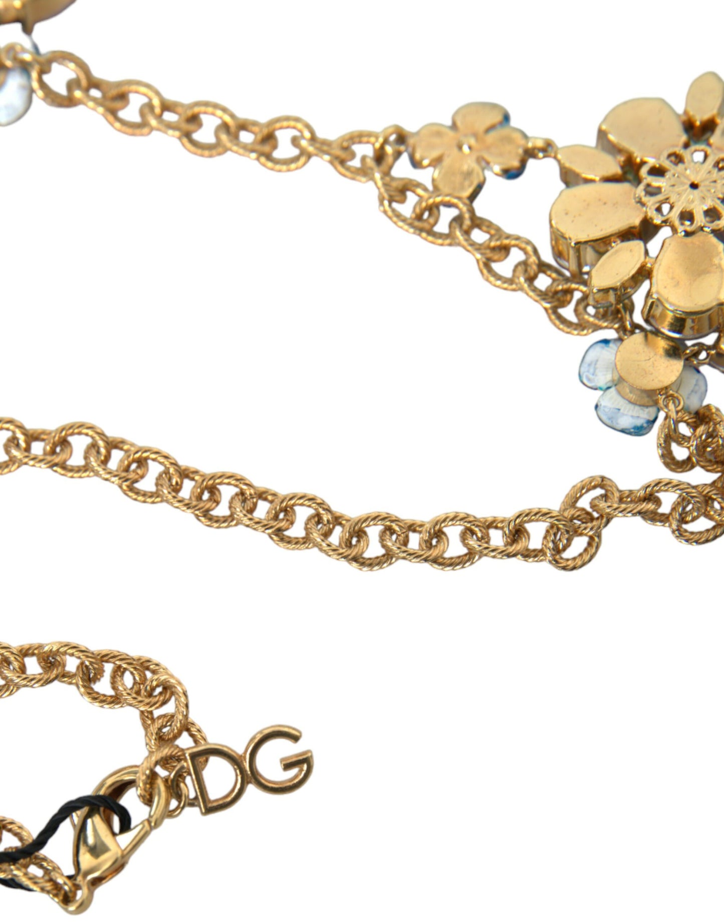 Dolce &amp; Gabbana Gold Brass Chain Crystal Floral Pendant Charm Necklace