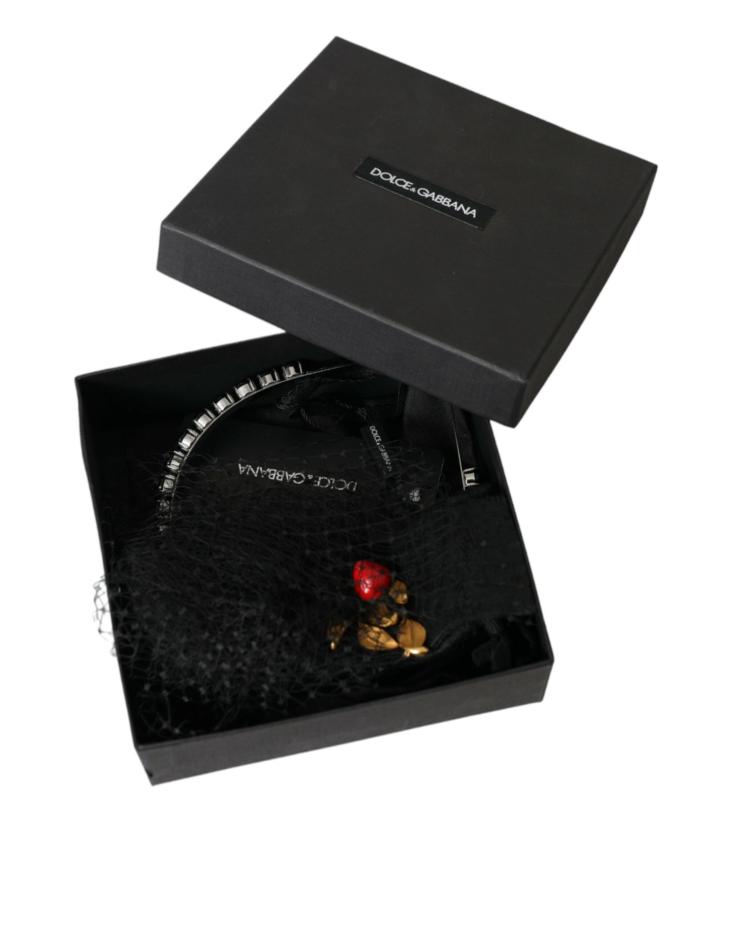 Dolce &amp; Gabbana Black Strawberry Sicily Crystal Mesh Net Headband Tiara