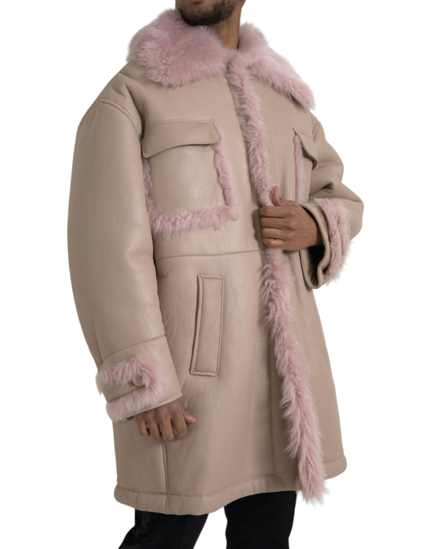 Dolce & Gabbana Beige Rosa Lammleder Shearling Mantel Jacke