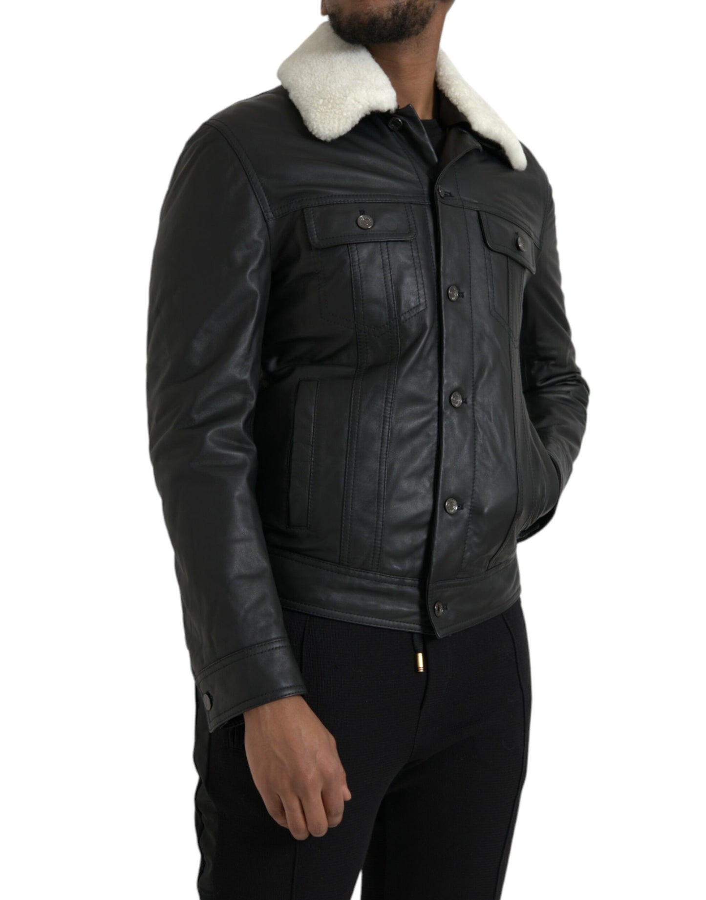 Dolce &amp; Gabbana Black Leather Fur Collar Biker Coat Jacket