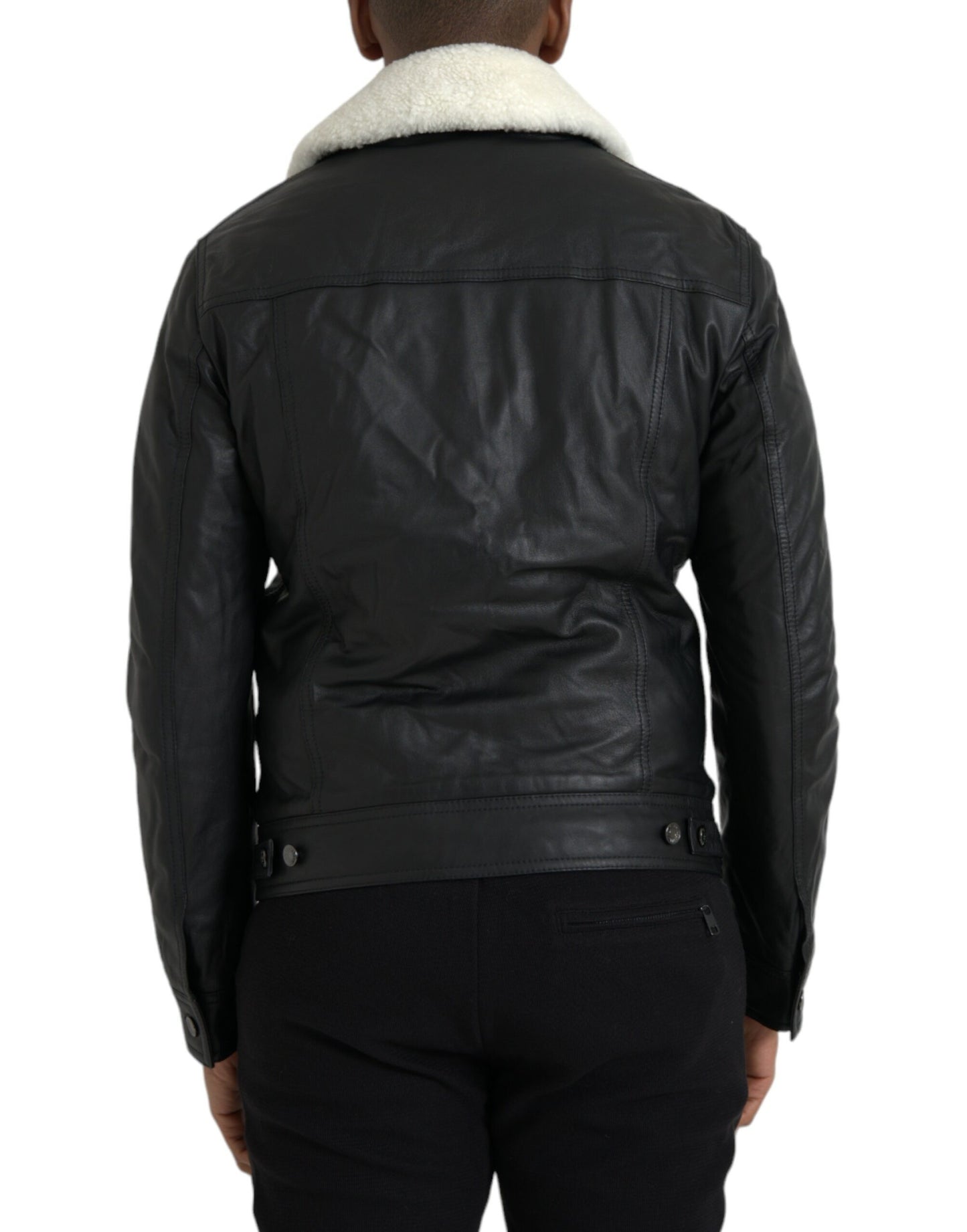 Dolce &amp; Gabbana Black Leather Fur Collar Biker Coat Jacket