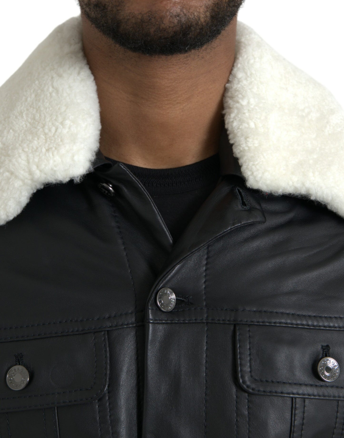 Dolce &amp; Gabbana Black Leather Fur Collar Biker Coat Jacket