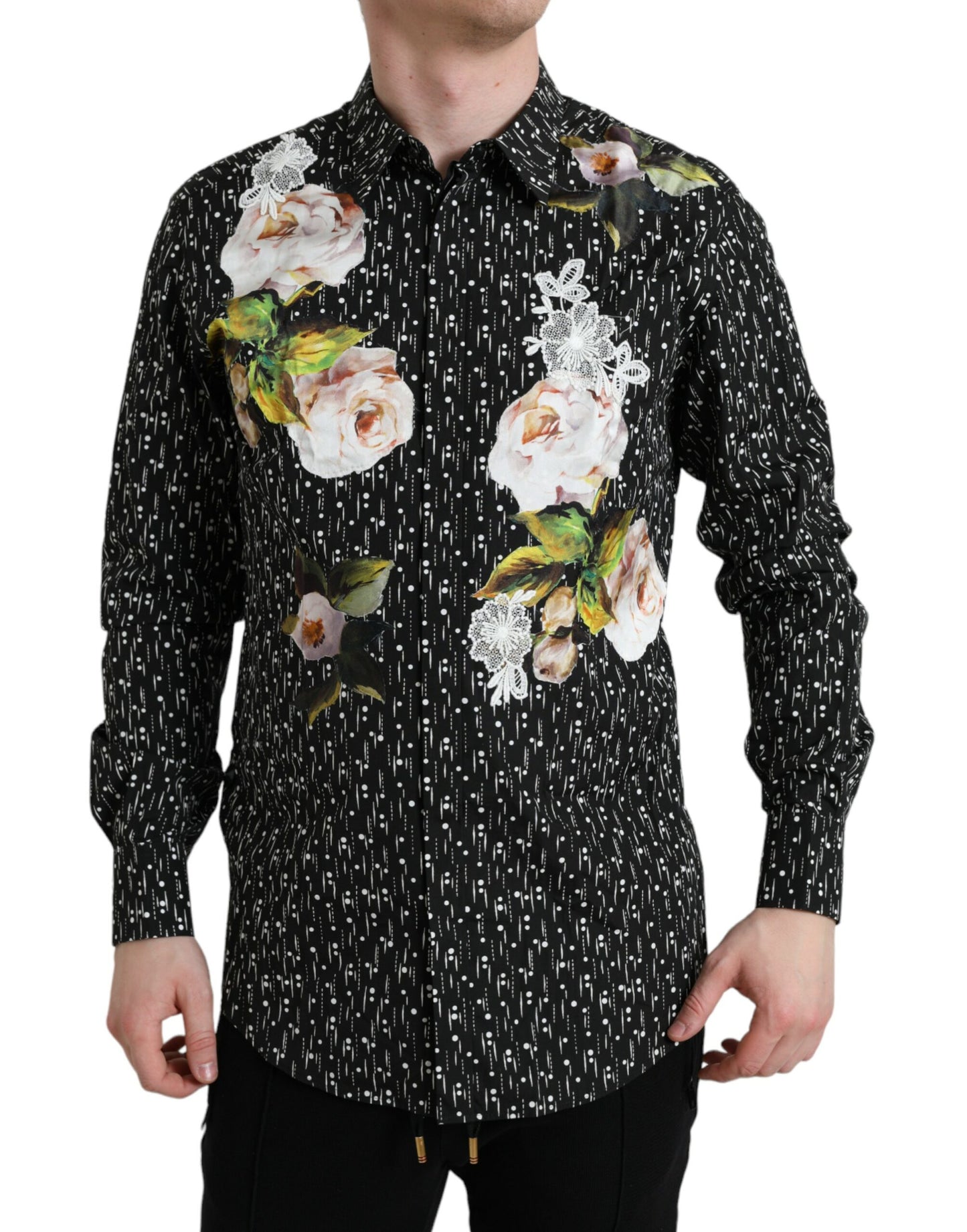 Dolce &amp; Gabbana Black Floral Men's Shirt GOLD Formal Dress