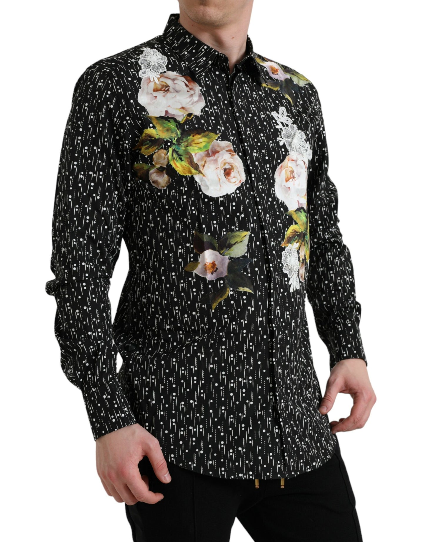 Dolce &amp; Gabbana Black Floral Men's Shirt GOLD Formal Dress