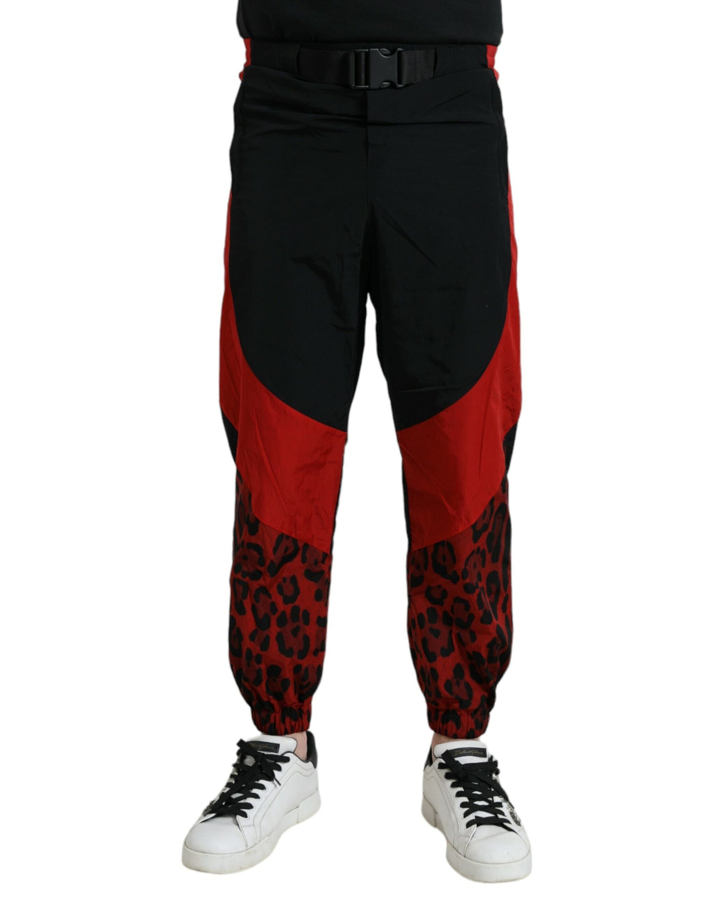 Dolce &amp; Gabbana Black-Red Leopard Print Nylon Jogger Pants