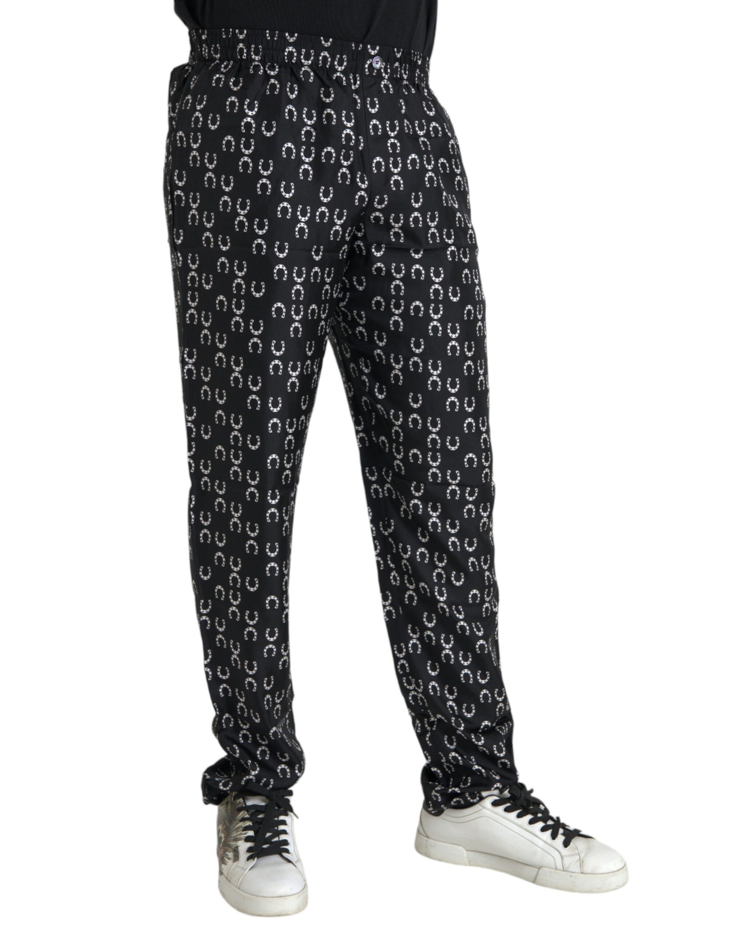 Dolce &amp; Gabbana Black silk trousers with horseshoe pattern