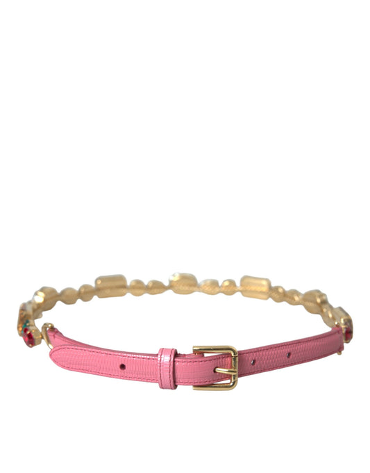 Dolce &amp; Gabbana Pink leather belt with crystal chain embellishment