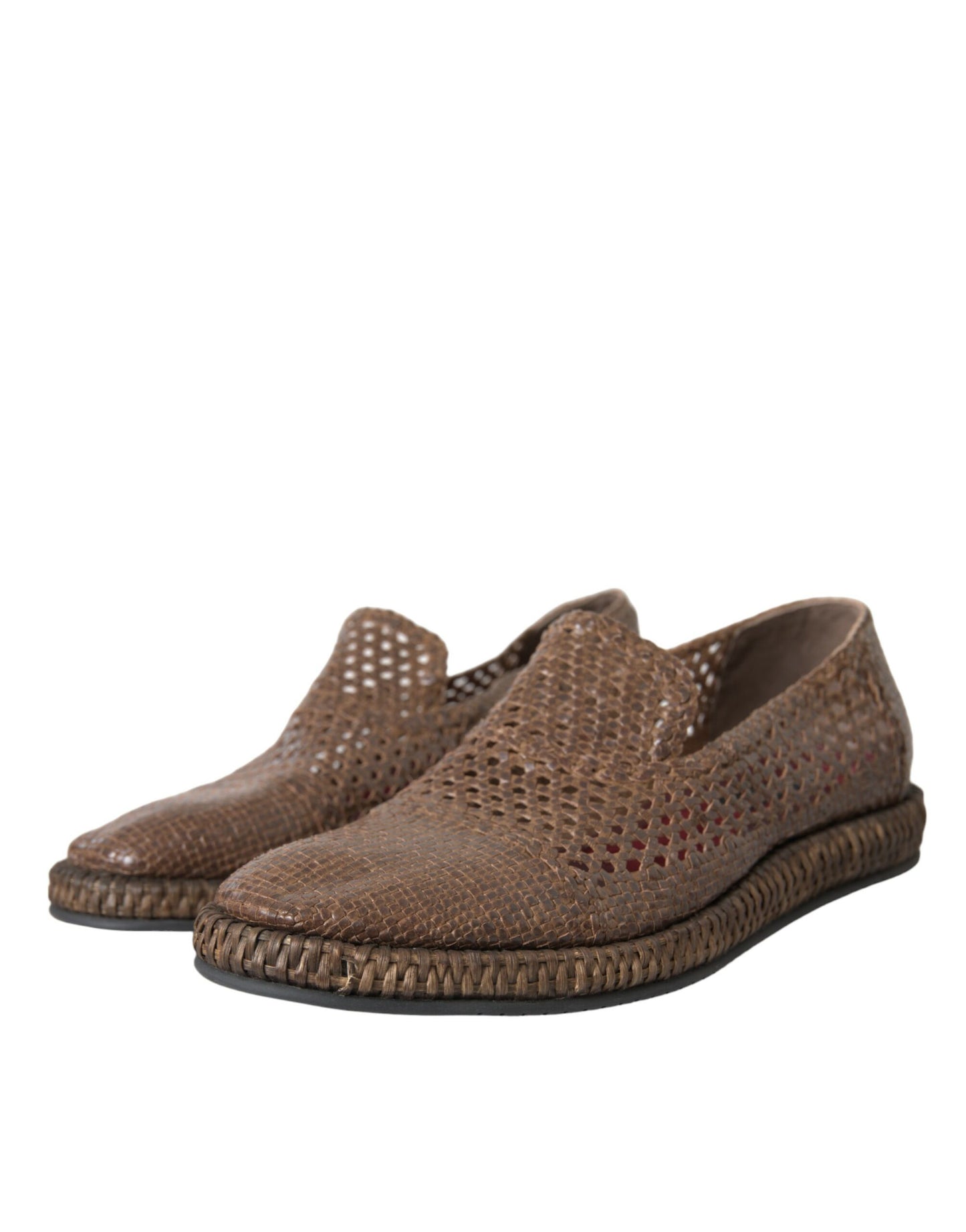 Dolce &amp; Gabbana Brown Woven Leather Loafers Casual Shoes