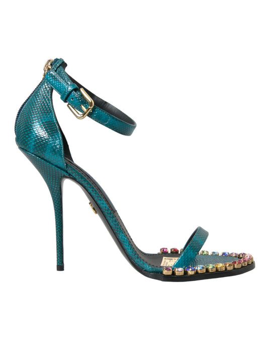 Dolce &amp; Gabbana Blue Exotic Leather Crystal Sandals Shoes