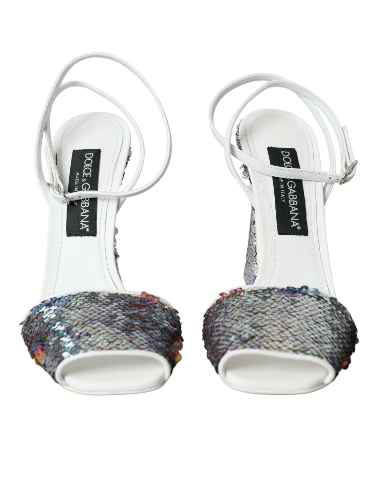 Dolce &amp; Gabbana White Silver Sequin Strappy Sandals Shoes