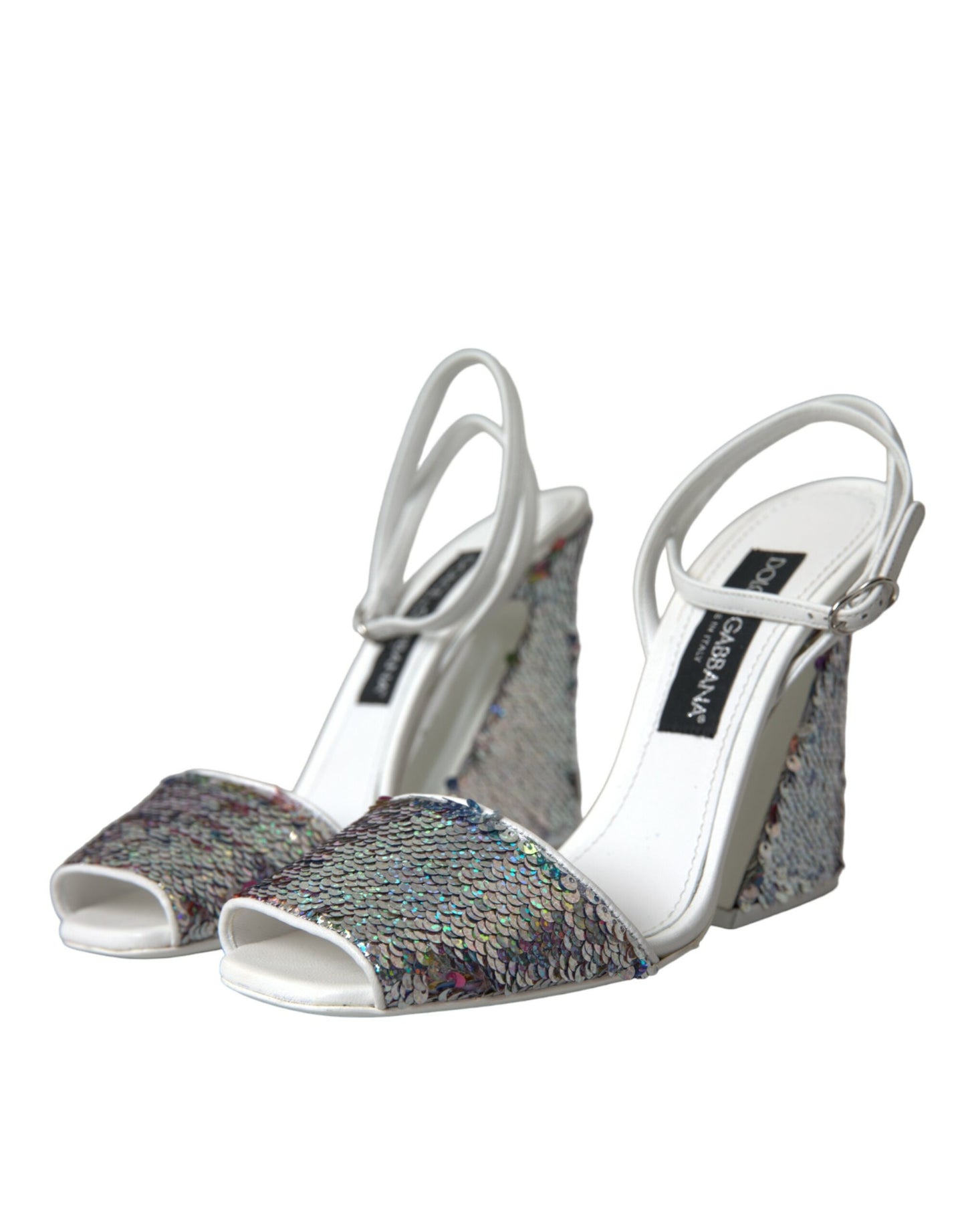 Dolce &amp; Gabbana White Silver Sequin Strappy Sandals Shoes