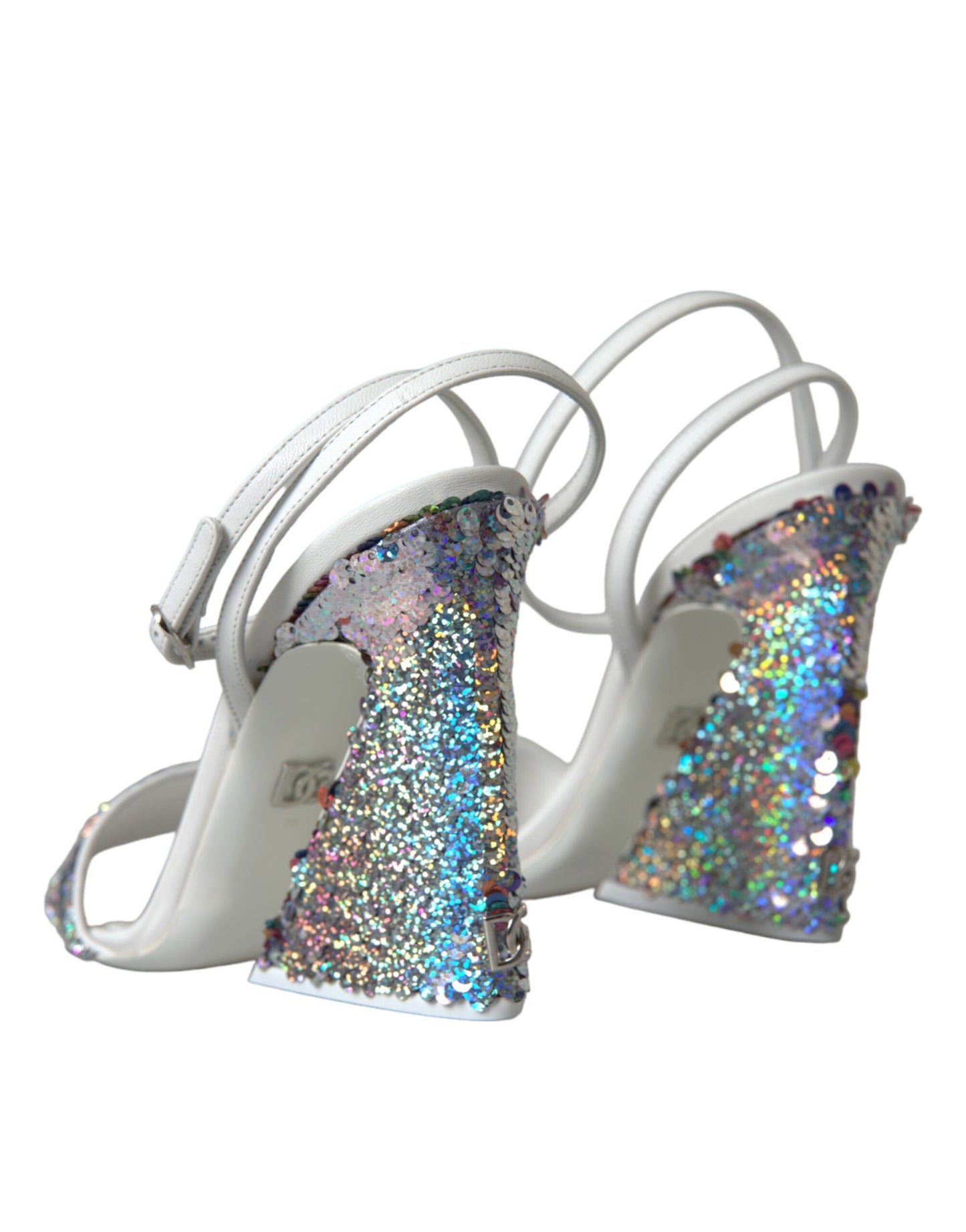 Dolce &amp; Gabbana White Silver Sequin Strappy Sandals Shoes