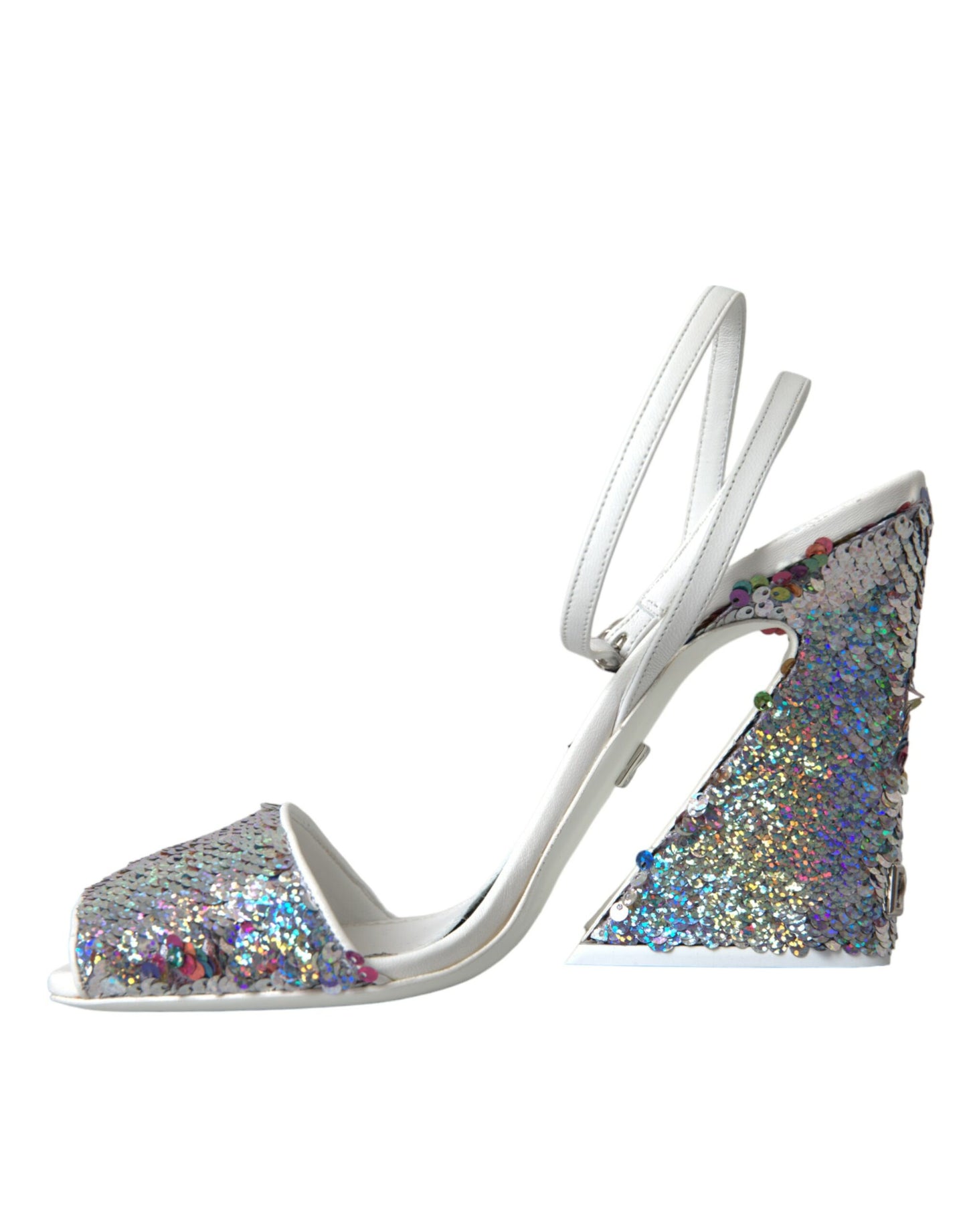 Dolce &amp; Gabbana White Silver Sequin Strappy Sandals Shoes