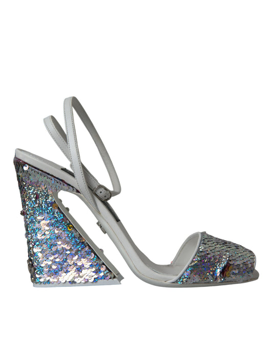 Dolce &amp; Gabbana White Silver Sequin Strappy Sandals Shoes