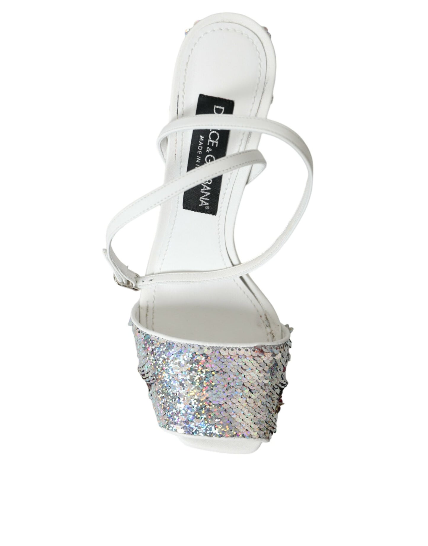 Dolce &amp; Gabbana White Silver Sequin Strappy Sandals Shoes