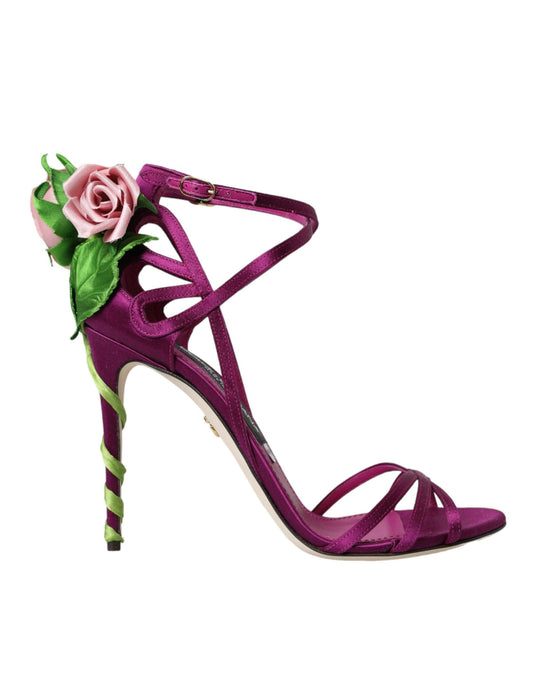 Dolce &amp; Gabbana Purple Flower Satin Heels Sandals Shoes