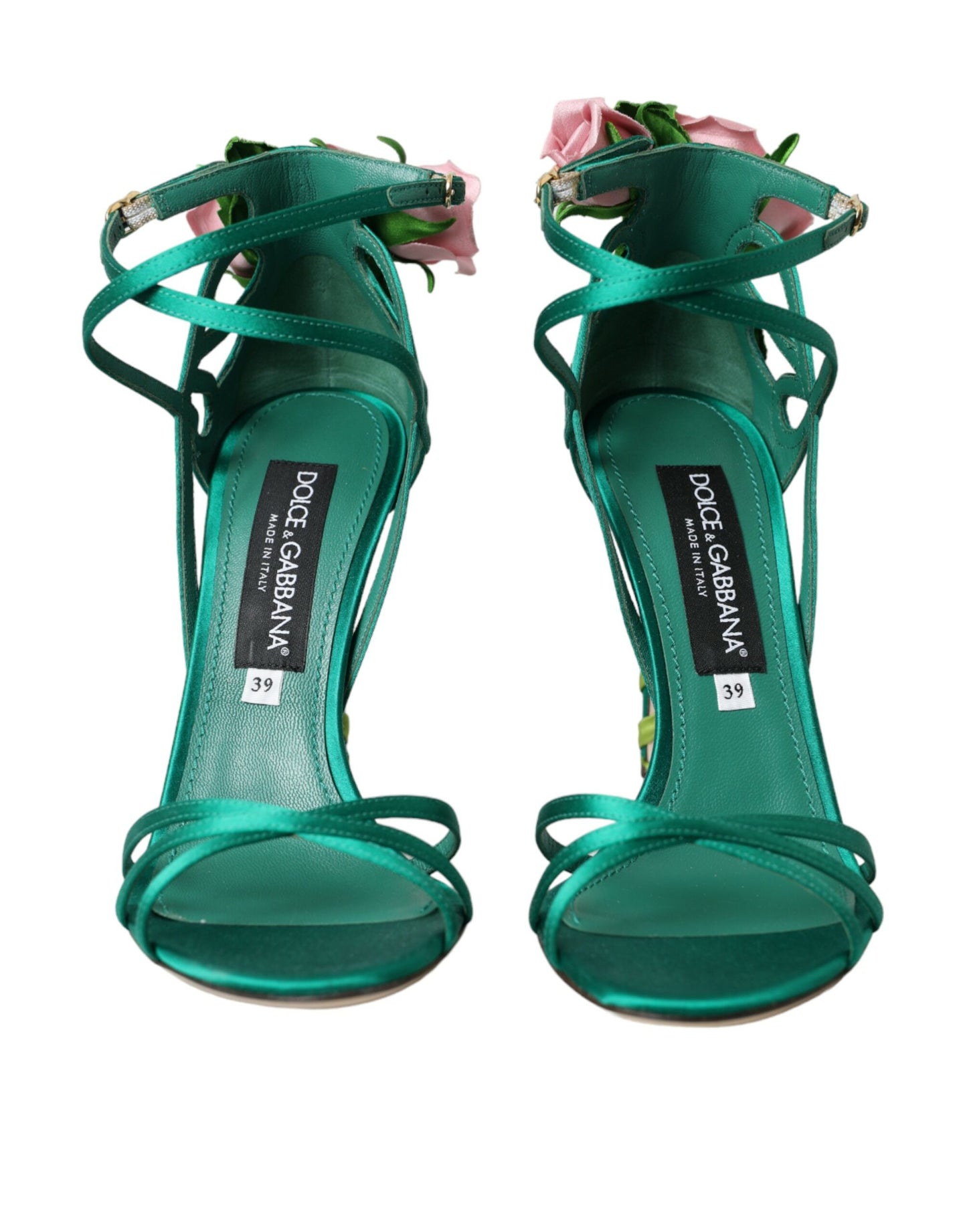 Dolce &amp; Gabbana Green Flower Satin Heels Sandals Shoes