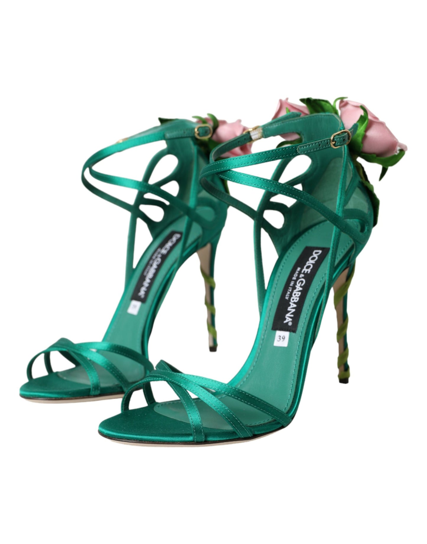 Dolce &amp; Gabbana Green Flower Satin Heels Sandals Shoes