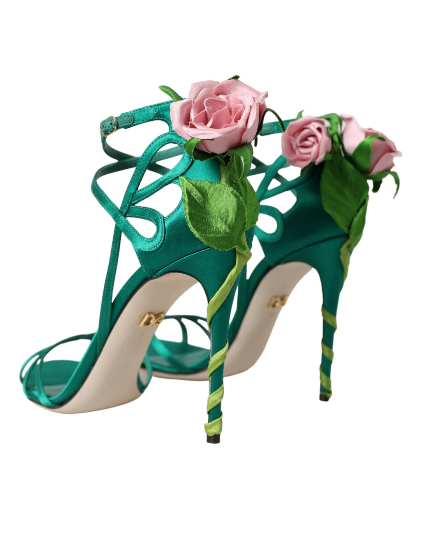 Dolce &amp; Gabbana Green Flower Satin Heels Sandals Shoes